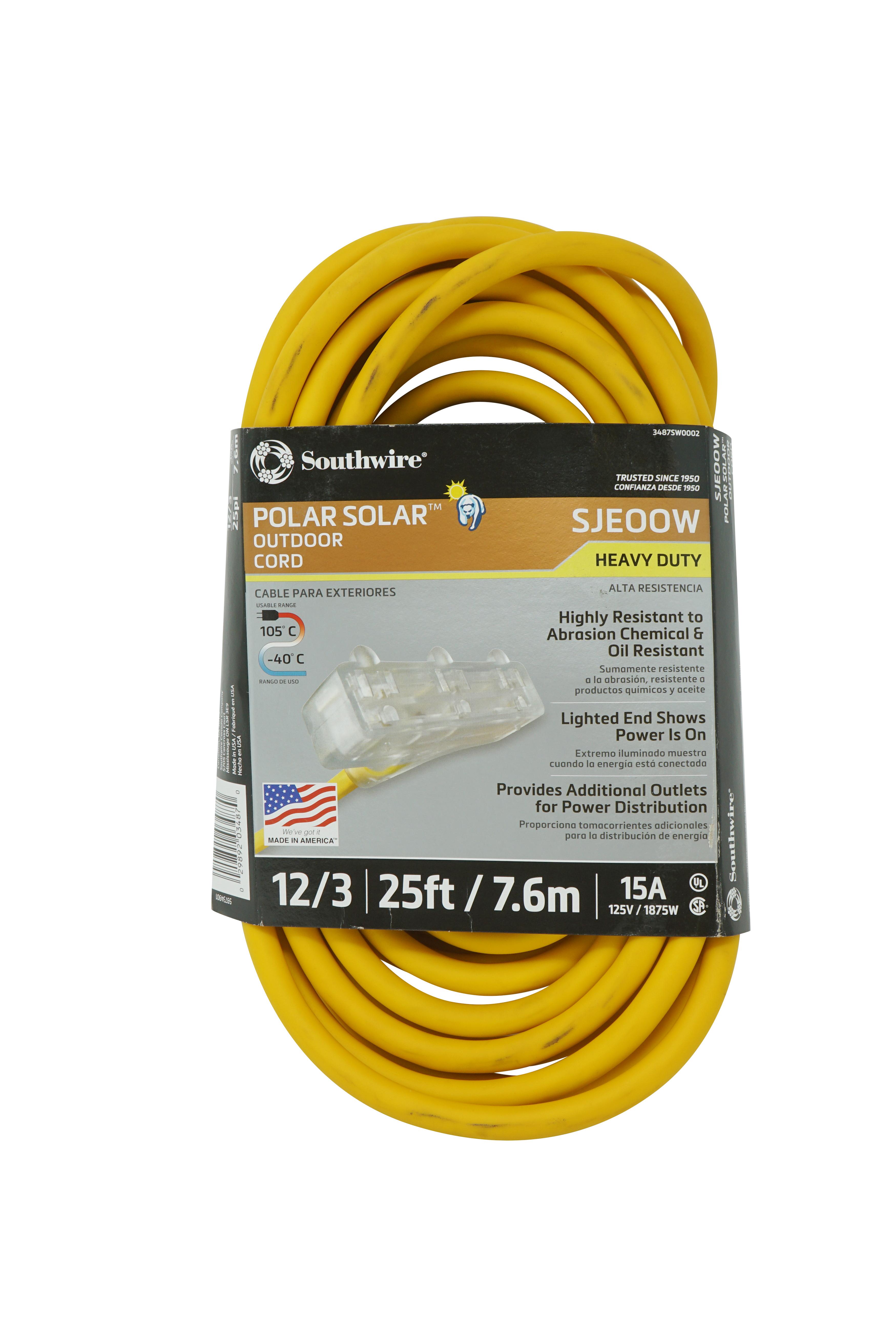 Polar/Solar&reg; 3487SW0002 Type SJEOOW Heavy Duty Trisource Extension Cord With Lighted End, 15 A at 125 V AC, 25 ft L Cord, 3 Conductors