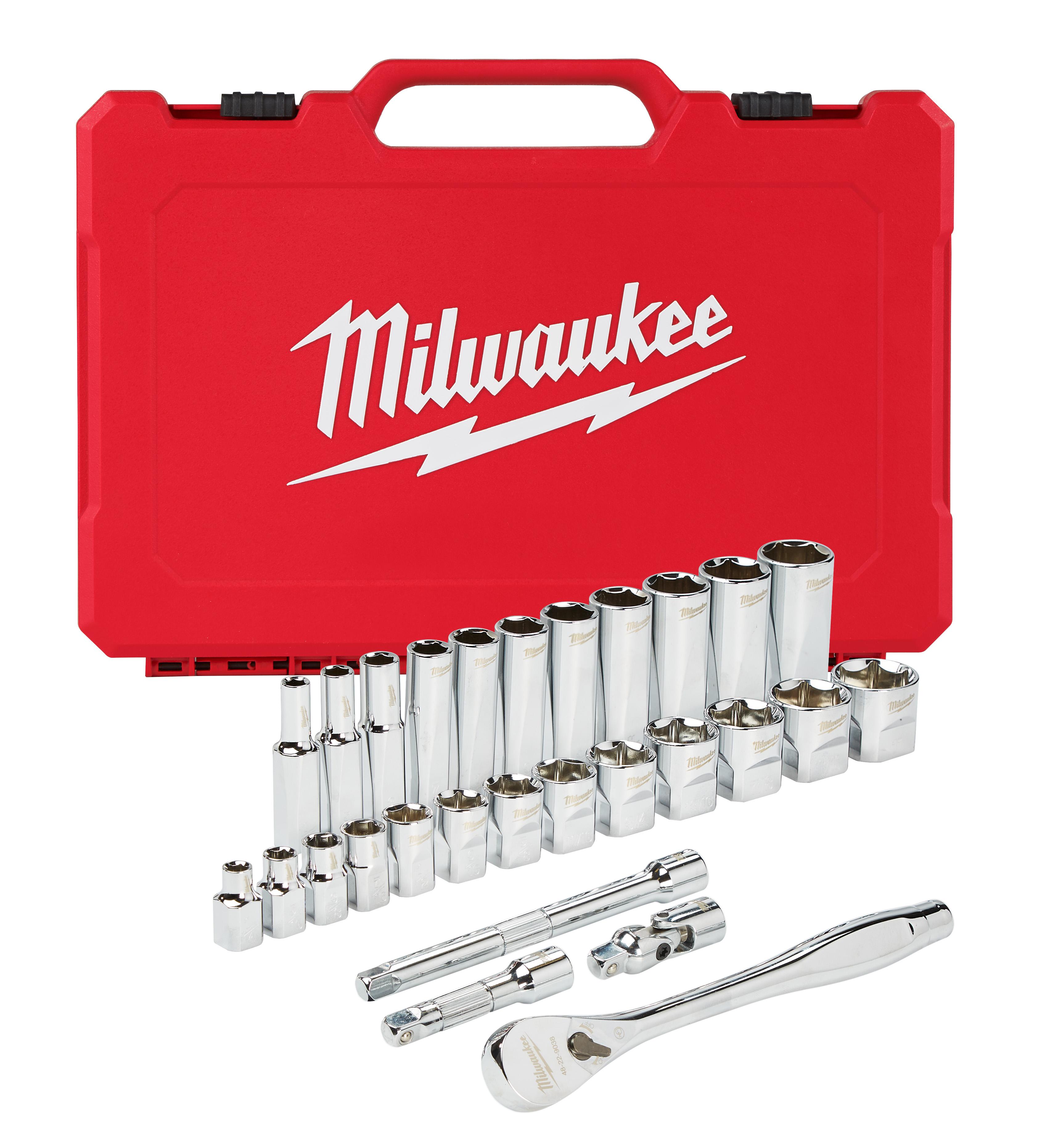 Milwaukee® 48-22-9008 Ratchet and Socket Set, Case Tool Storage, 4 deg Arc Swing, 1/2 in Drive, 56 Pieces, Steel