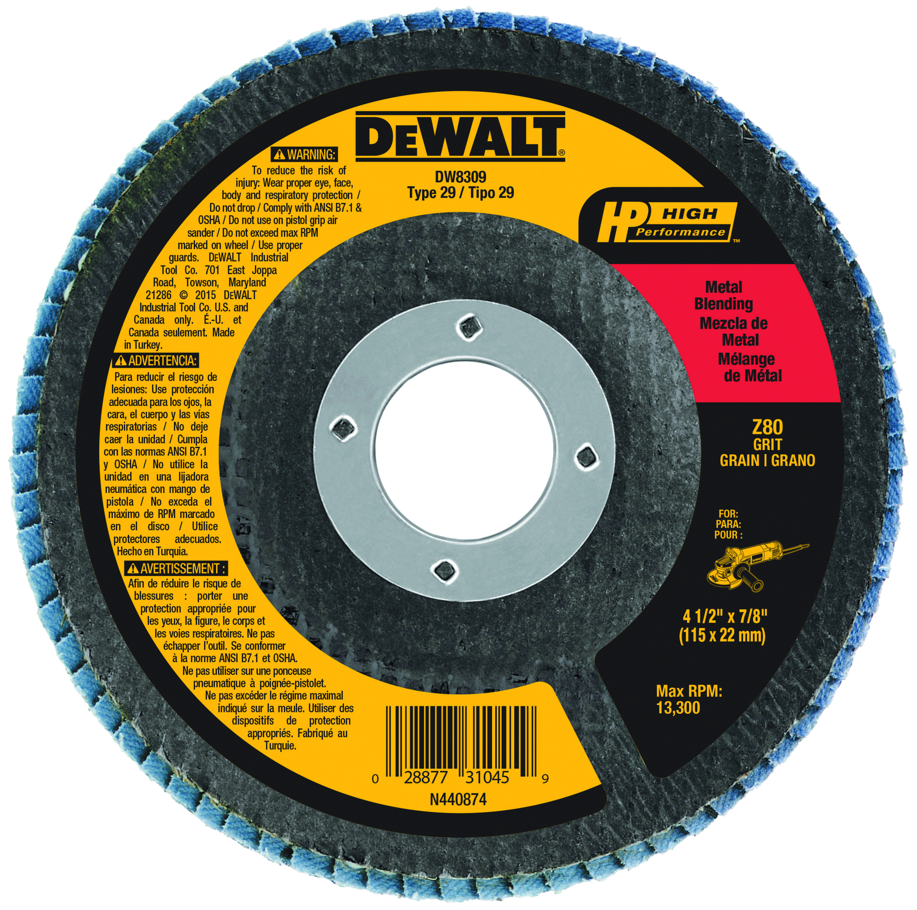 DeWALT® High Performance™ DW8310 Contaminant-Free Flap Disc, 4-1/2 in Dia Disc, 7/8 in Center Hole, 120 Grit, Fine Grade, Zirconia Alumina Abrasive, Type 29 Disc