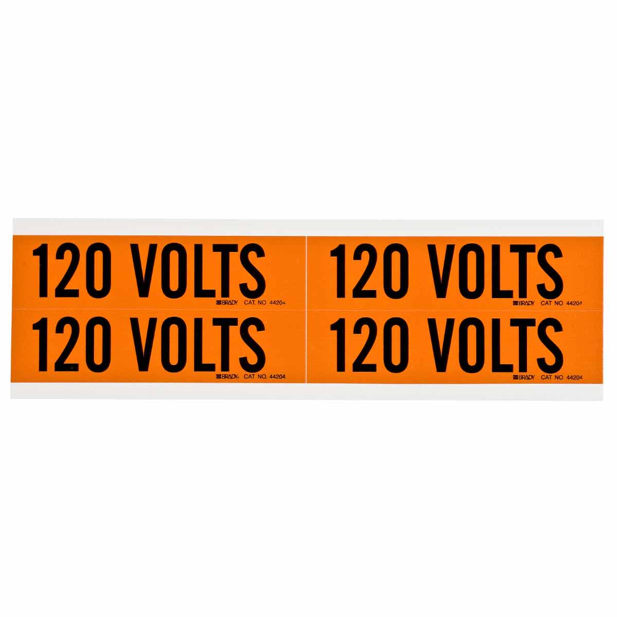 Brady&reg; CleanLift 152349 Repositionable Rectangle Self-Adhesive Style B Conduit and Voltage Label, 4-1/8 in W, 120 VOLTS Legend, Black Legend, Orange Background, B-498 Vinyl Cloth