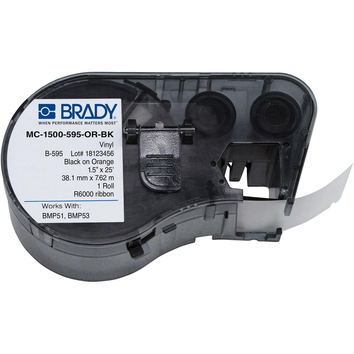 Brady® MC-1000-427 M Series Label Maker Cartridge, 25 ft L x 3/8 in W, For Use With BMP® 41 Label Printers, BMP® 51 and BMP® 53 Label Maker, B-427 Vinyl, Black on Translucent/White