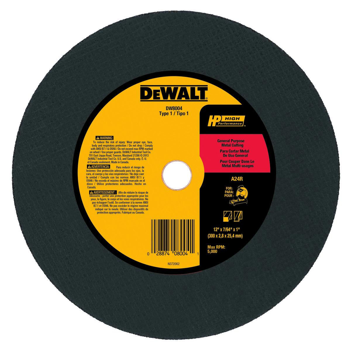 DeWALT® HP™ DW8725 HP Series Cut-Off Wheel, 6 in Dia x 0.04 in THK, 7/8 in Center Hole, A60T Grit, Aluminum Oxide Abrasive
