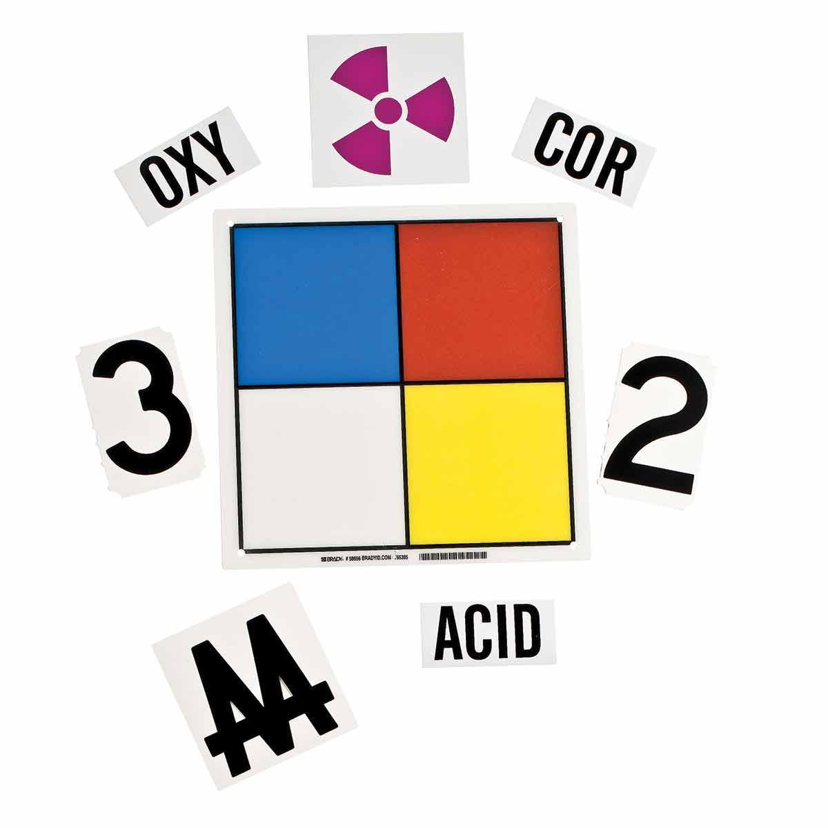 product Brady® 50055 NFPA Placard Kit, NFPA Diamond Placard with Numbers and Symbols Legend, Black/Blue/Red/Yellow on White, 11 in H, B-120 Premium Fiberglass, Corner Hole Mount