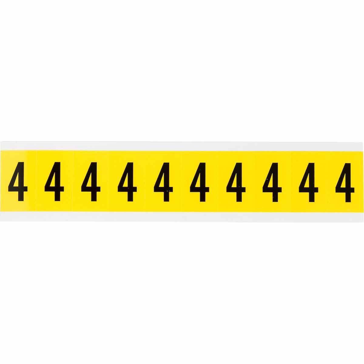 Brady&reg; 3430-4 Non-Reflective Number Label, Black 4 Character, 1 in H x 0.577 in W, Yellow Background, B-498 Vinyl Coated Fabric