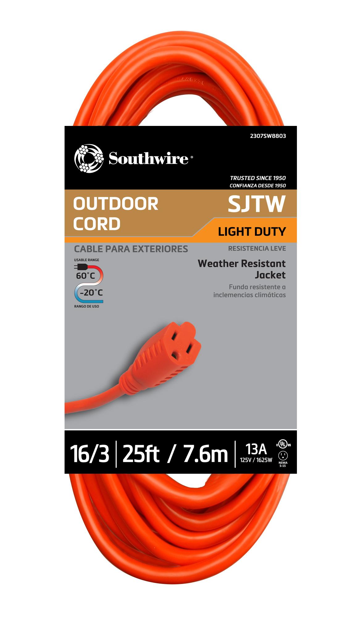 Southwire&reg; 2307SW8803 Type SJTW Extension Cord, 13 A at 125 V AC, 25 ft L Cord, 3 Conductors