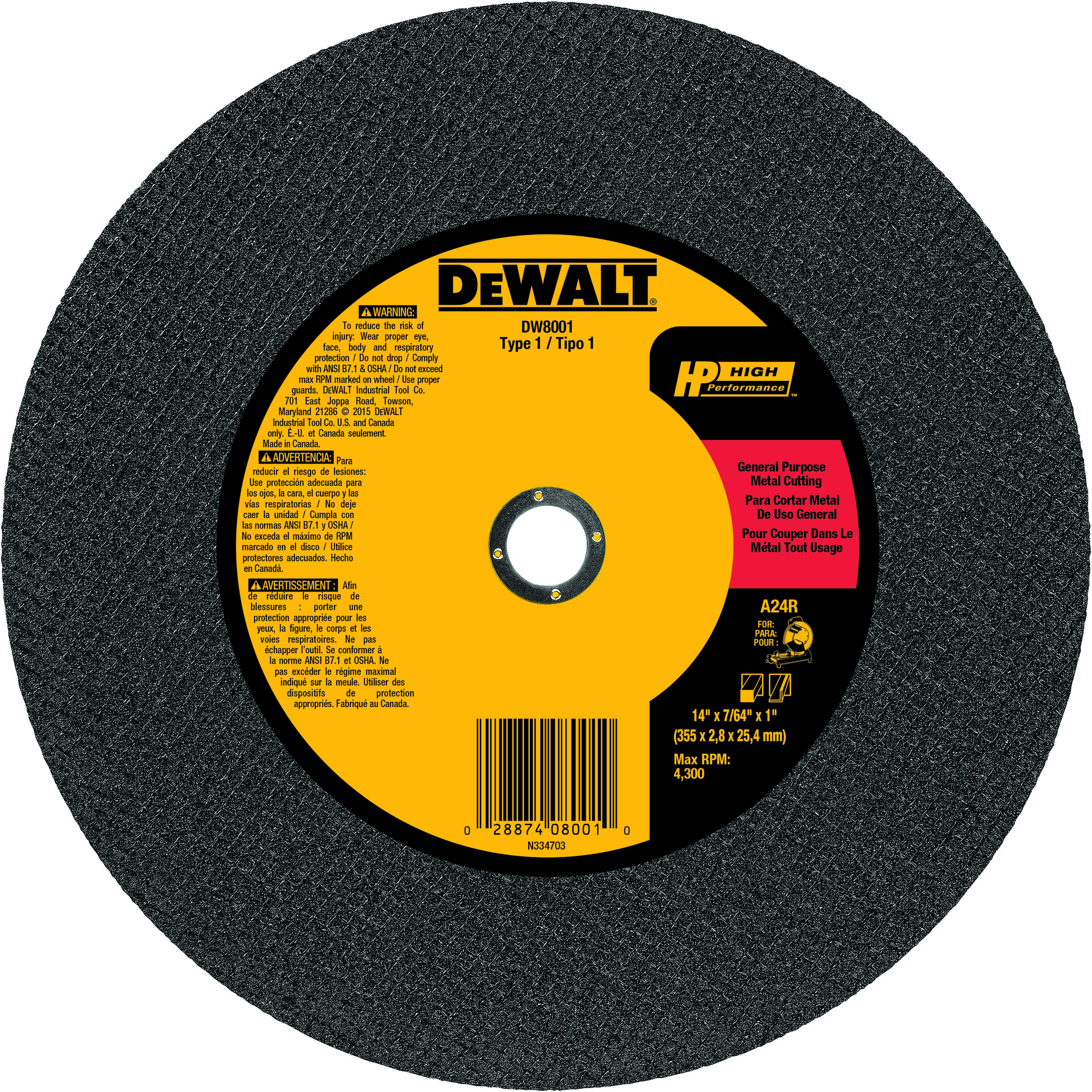 DeWALT® DWA8051 Small Diameter Cut-Off Wheel, 4-1/2 in Dia x 0.045 in THK, 7/8 in Center Hole, 60 Grit, Aluminum Oxide Abrasive