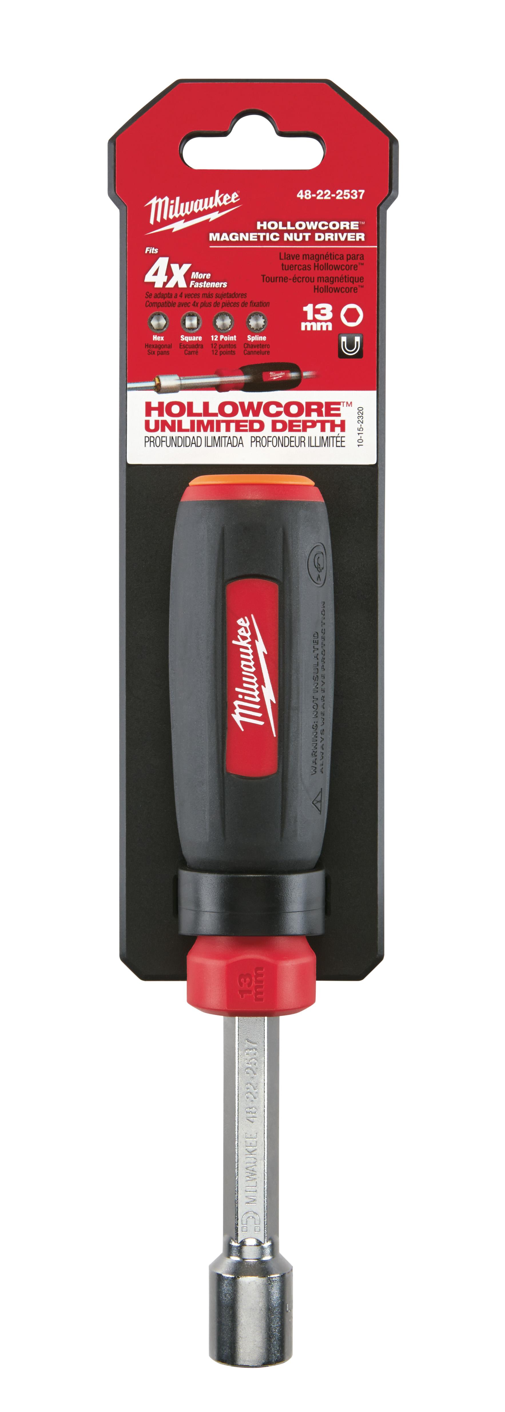 Milwaukee&reg; HollowCore&trade; 48-22-2537 Magnetic Nut Driver, 13 mm, Hex Shank, Black/Red, Polished Chrome