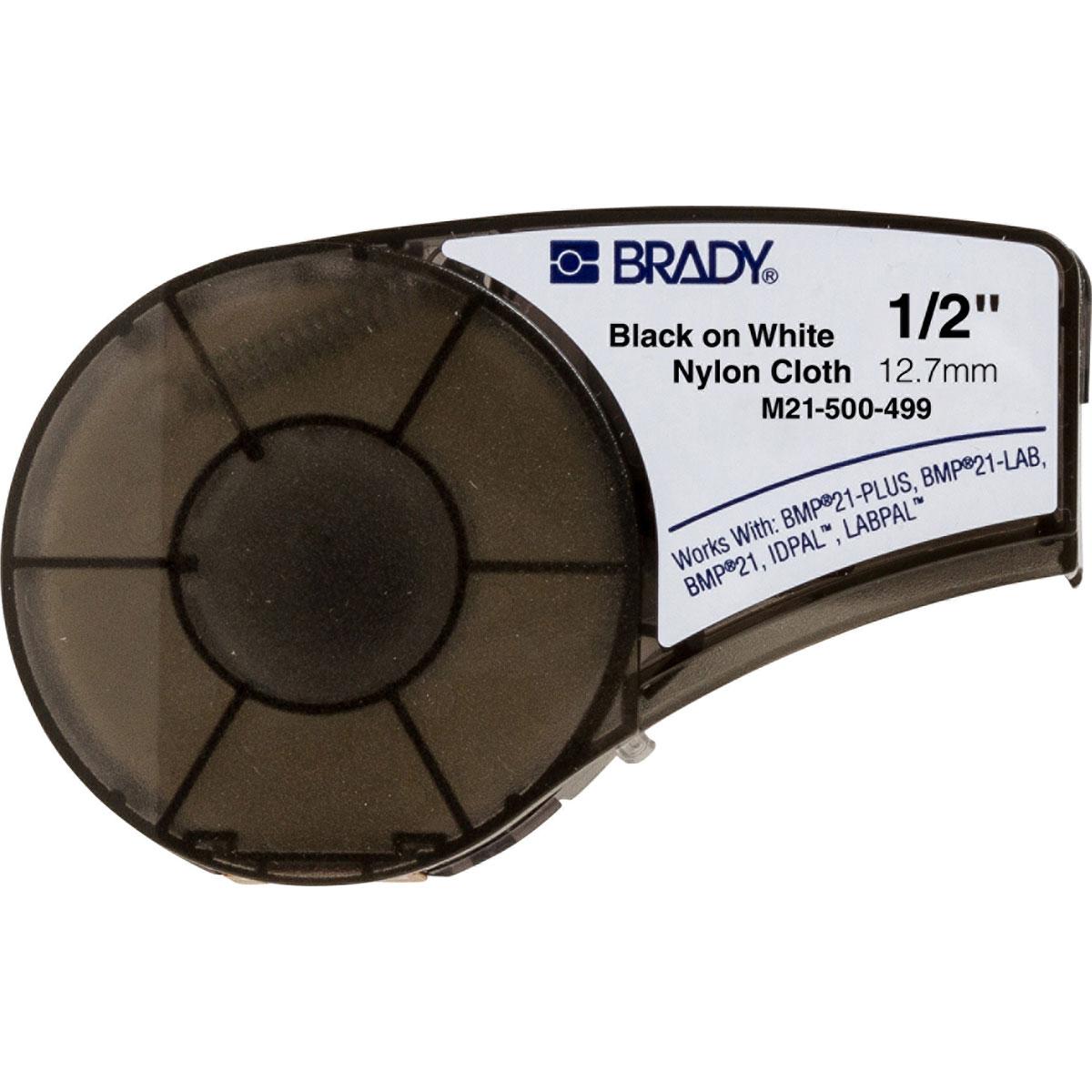 Brady® M21-750-499 BMP®21 Cartridge Label, 16 ft L x 3/4 in W, Black on White, B-499 Polyamide Coated Nylon Cloth