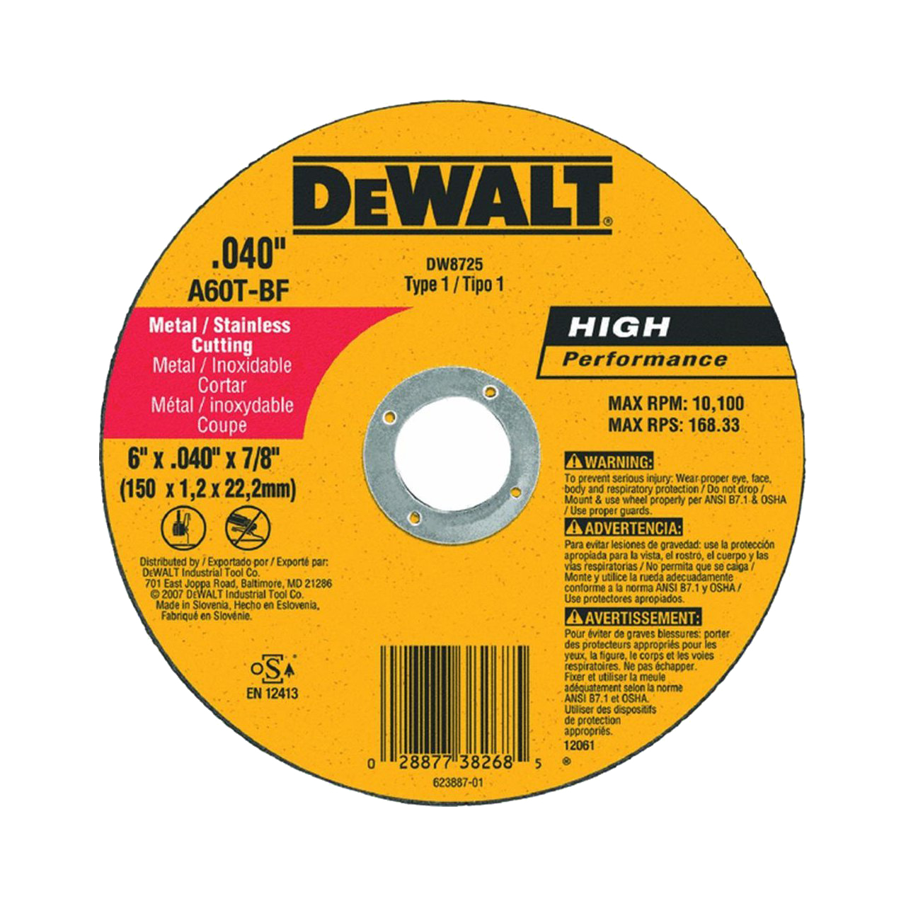 DeWALT® High Performance™ Guaranteed Tough® DW8001 Cut-Off Wheel, 14 in Dia x 7/64 in THK, 1 in Center Hole, 24 Grit, Aluminum Oxide Abrasive