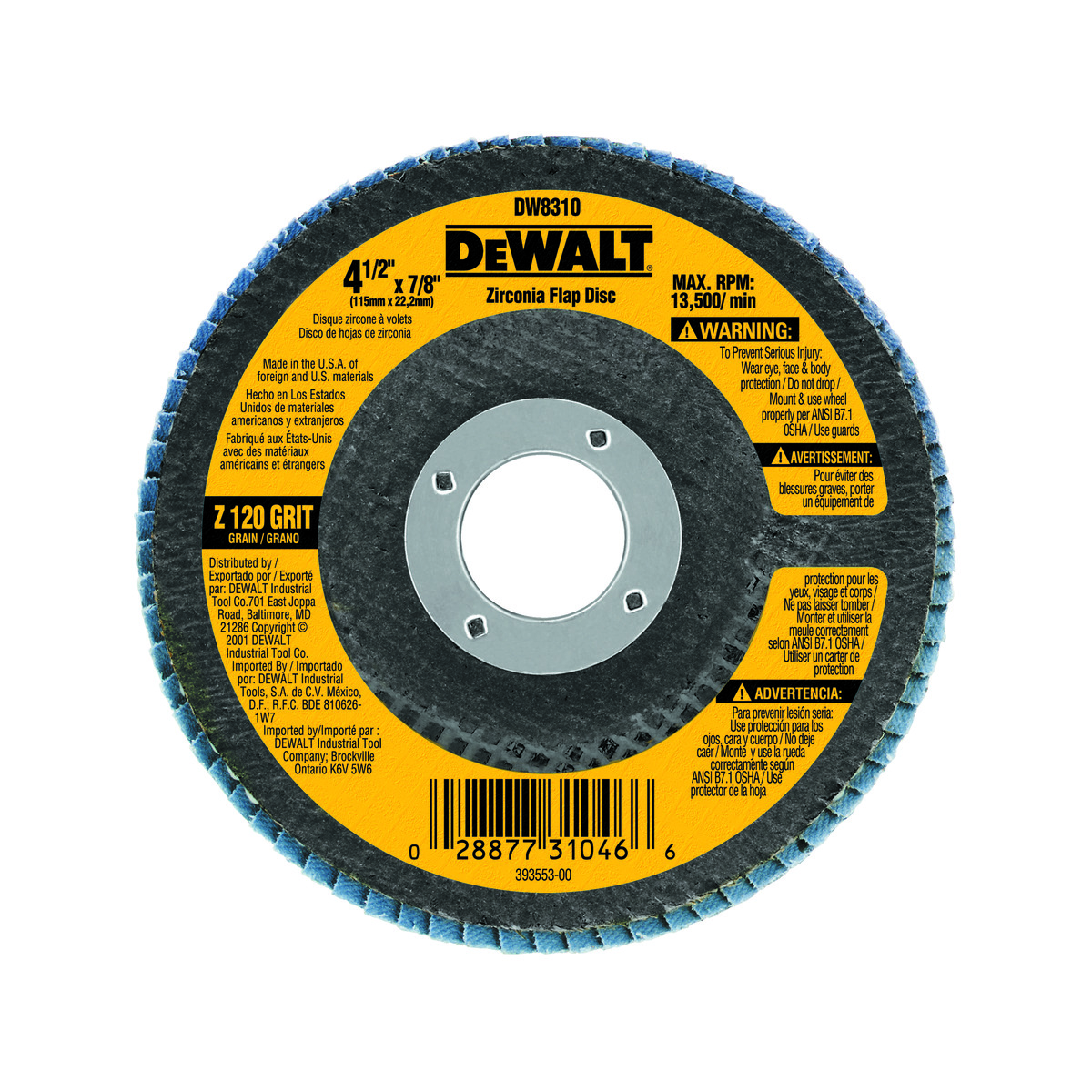 DeWALT® High Performance™ DW8306 Contaminant-Free Flap Disc, 4-1/2 in Dia Disc, 7/8 in Center Hole, 36 Grit, Coarse Grade, Zirconia Alumina Abrasive, Type 29 Disc