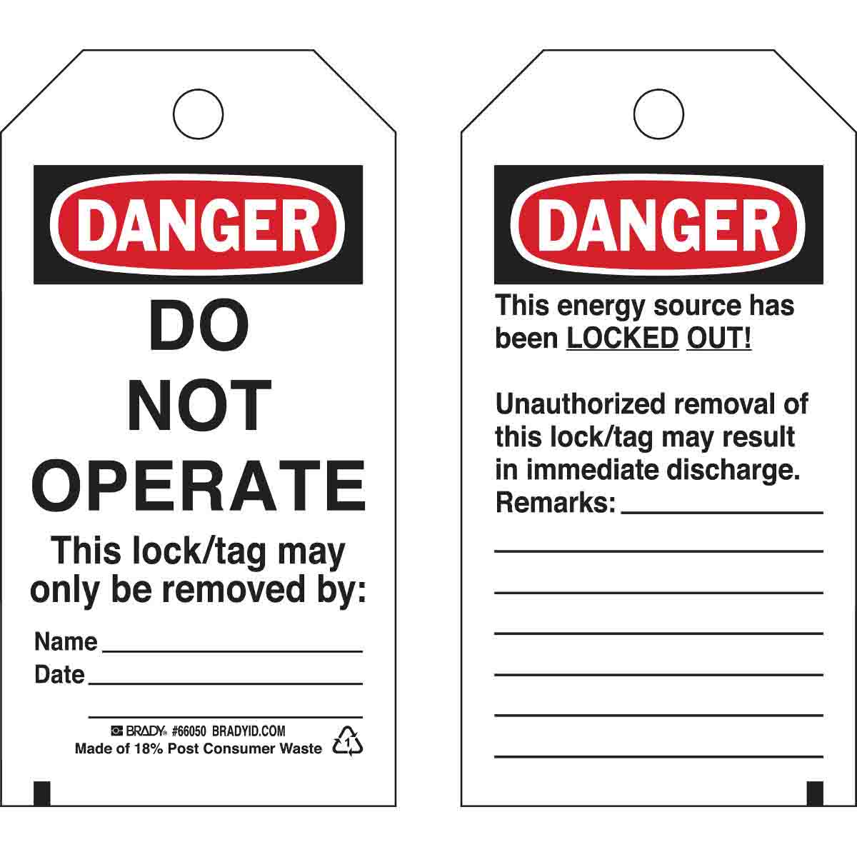 Master Lock® 497A Safety Tag, 5-3/4 in H x 3-1/8 in W, Black/Red/White, 7/16 in Hole, Polyester