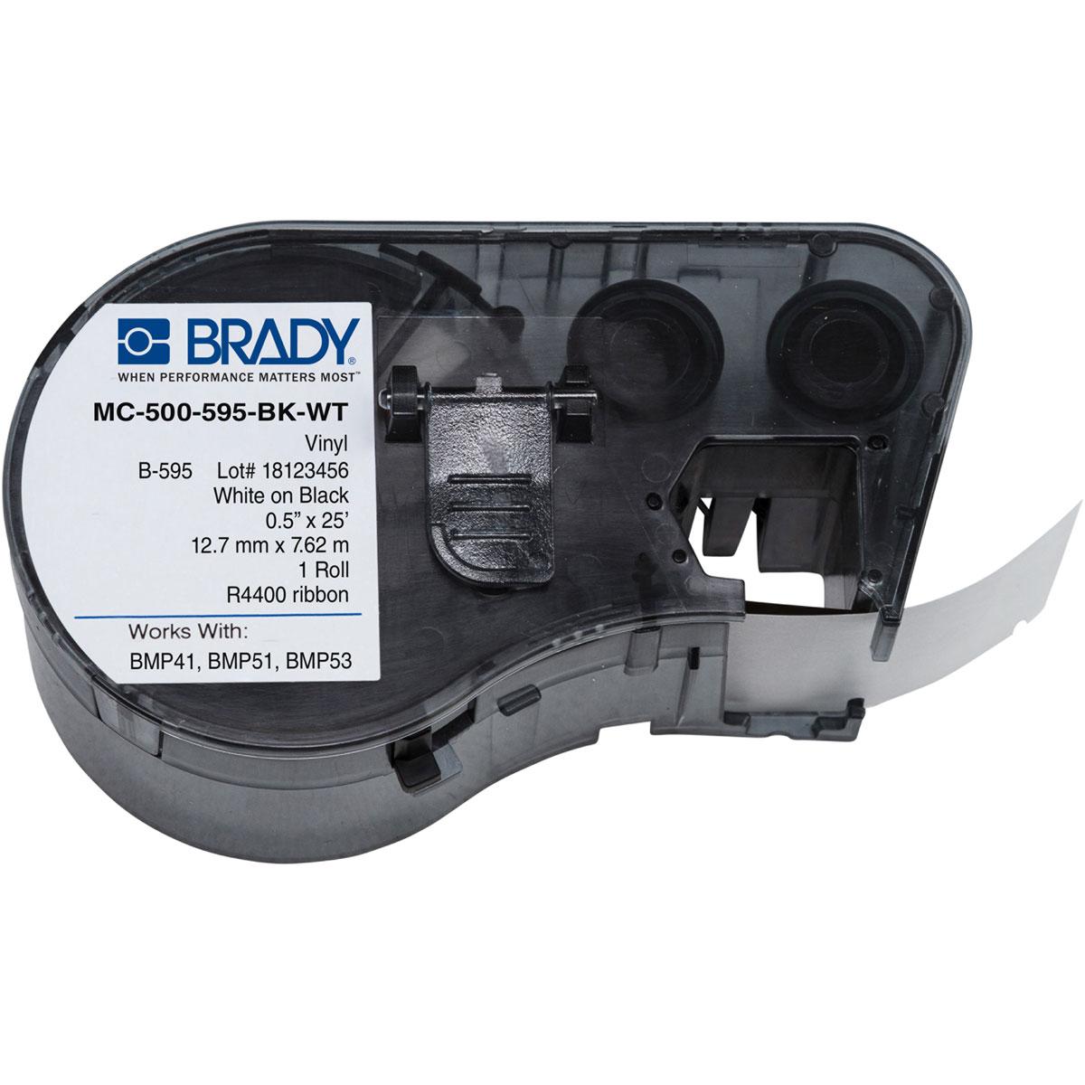 Brady® M21-1000-427 BPM®21 Self-Laminated Label Cartridge, 14 ft L x 1 in W, For Use With BMP® 21 PLUS Portable Label Printers, B-427 Vinyl, Black on Translucent/White
