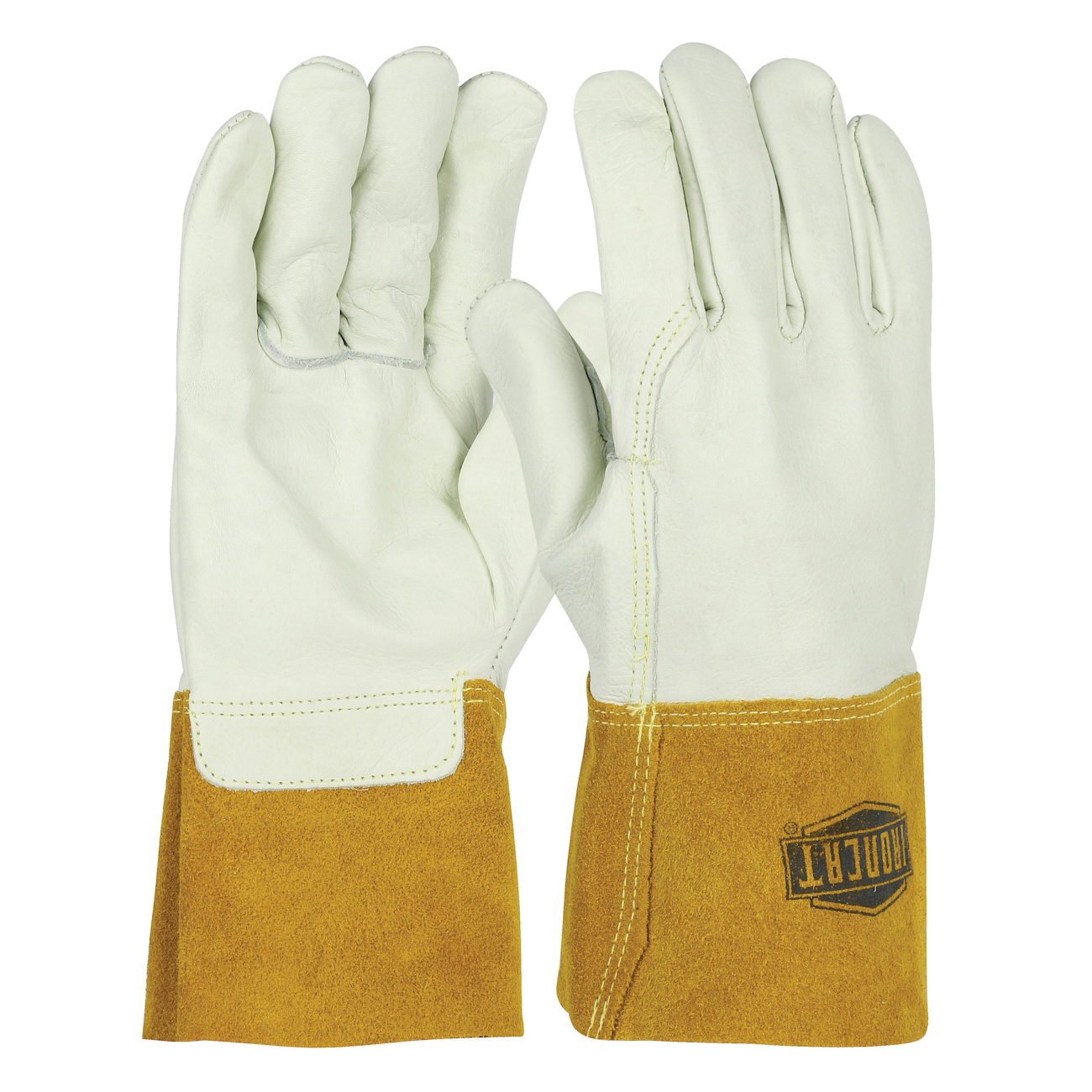 Ironcat® 9414/L Unisex General Purpose Gloves, Drivers/Work, Clute Cut/Keystone Thumb Style, L, Premium Grain Cowhide Leather Palm, Premium Split Bourbon Cowhide Leather, Tan/White, Slip-On Cuff, Resists: Heat and Flame