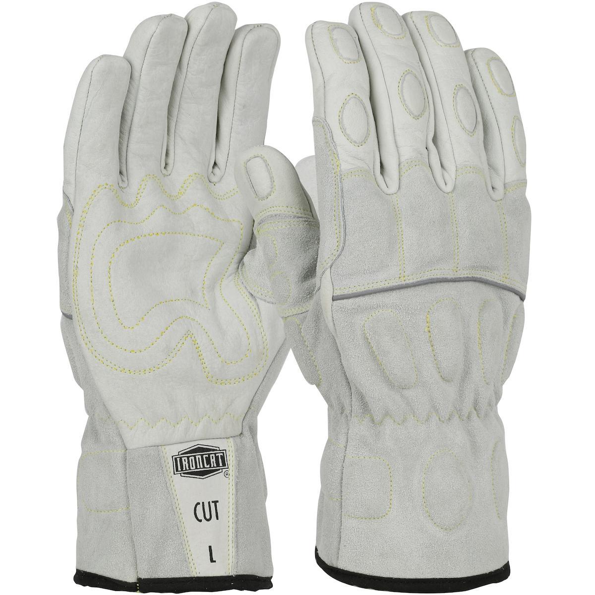 Ironcat® 9414/L 9414 Unisex General Purpose Gloves, Driver, Clute Cut/Keystone Thumb Style, Premium Split Bourbon Cowhide Leather, Tan/White, Slip-On Cuff, Resists: Heat and Flame