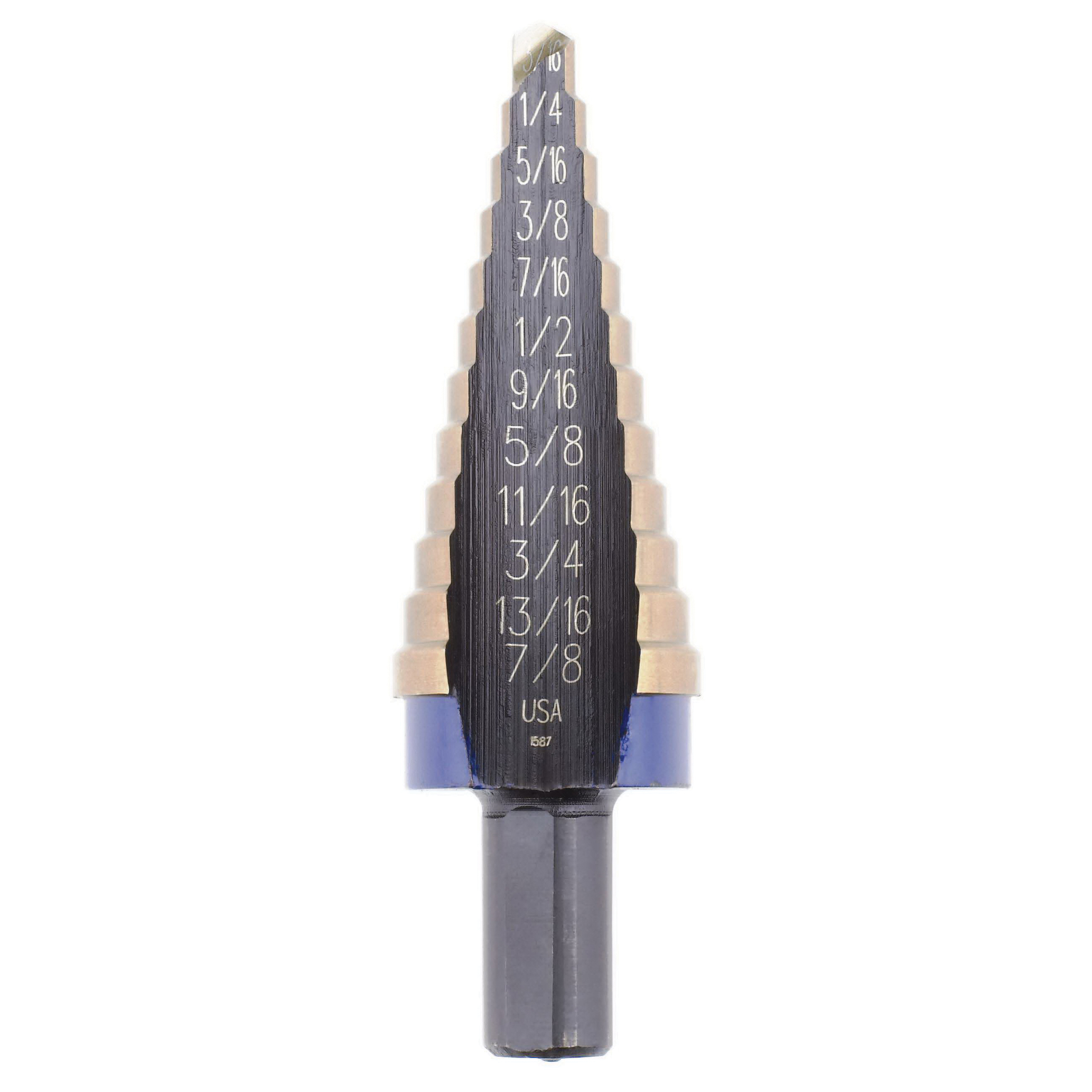 Irwin® Unibit® 10220 Hole Enlarging Step Drill Bit, 9/16 in Dia Min Hole, 1 in Dia Max Hole, 8 Steps, 8 Hole Sizes, 7/16 in Shank