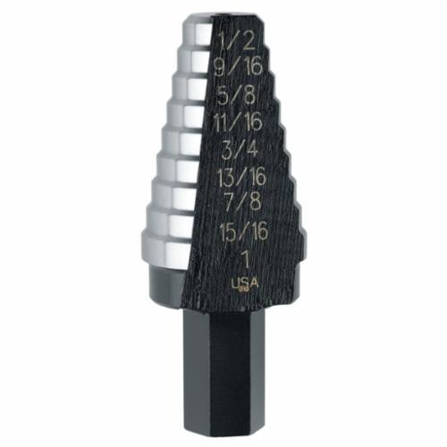 Irwin® Unibit® 10233CB Step Drill Bit, 1/4 in Dia Min Hole, 3/4 in Dia Max Hole, 9 Steps, M35 HSS-Co 5, 9 Hole Sizes, 3/8 in Shank