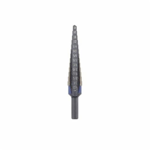 Irwin® Unibit® 10232CB Step Drill Bit, 3/16 in Dia Min Hole, 1/2 in Dia Max Hole, 6 Steps, M35 HSS-Co 5, 6 Hole Sizes, 1/4 in Shank