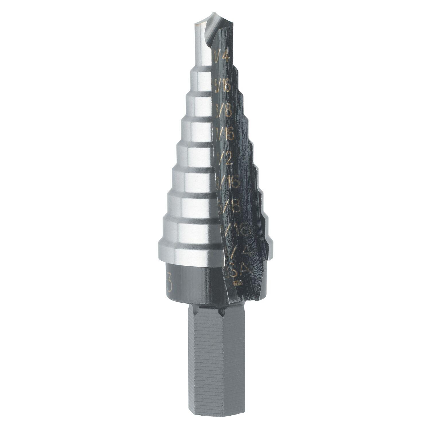 Irwin® Unibit® 10231CB Step Drill Bit, 1/8 in Dia Min Hole, 1/2 in Dia Max Hole, 13 Steps, M35 HSS-Co 5, 13 Hole Sizes, 1/4 in Shank