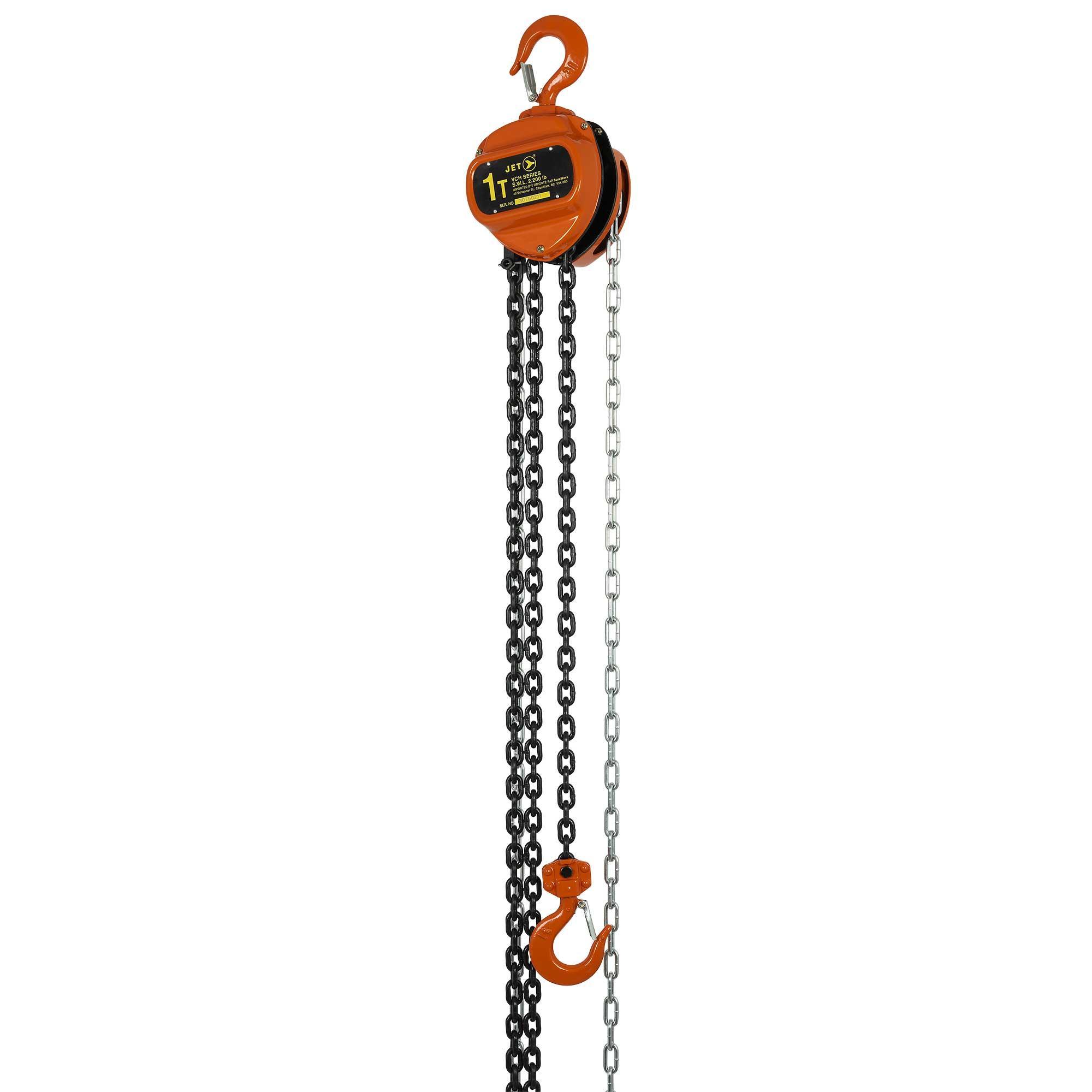 JET 101016 VCH Standard Duty Chain Hoist, 1 ton Load, 20 ft H Lifting, 12-1/16 in Min Between Hooks, 33 mm Hook Opening, 68 lb Rated
