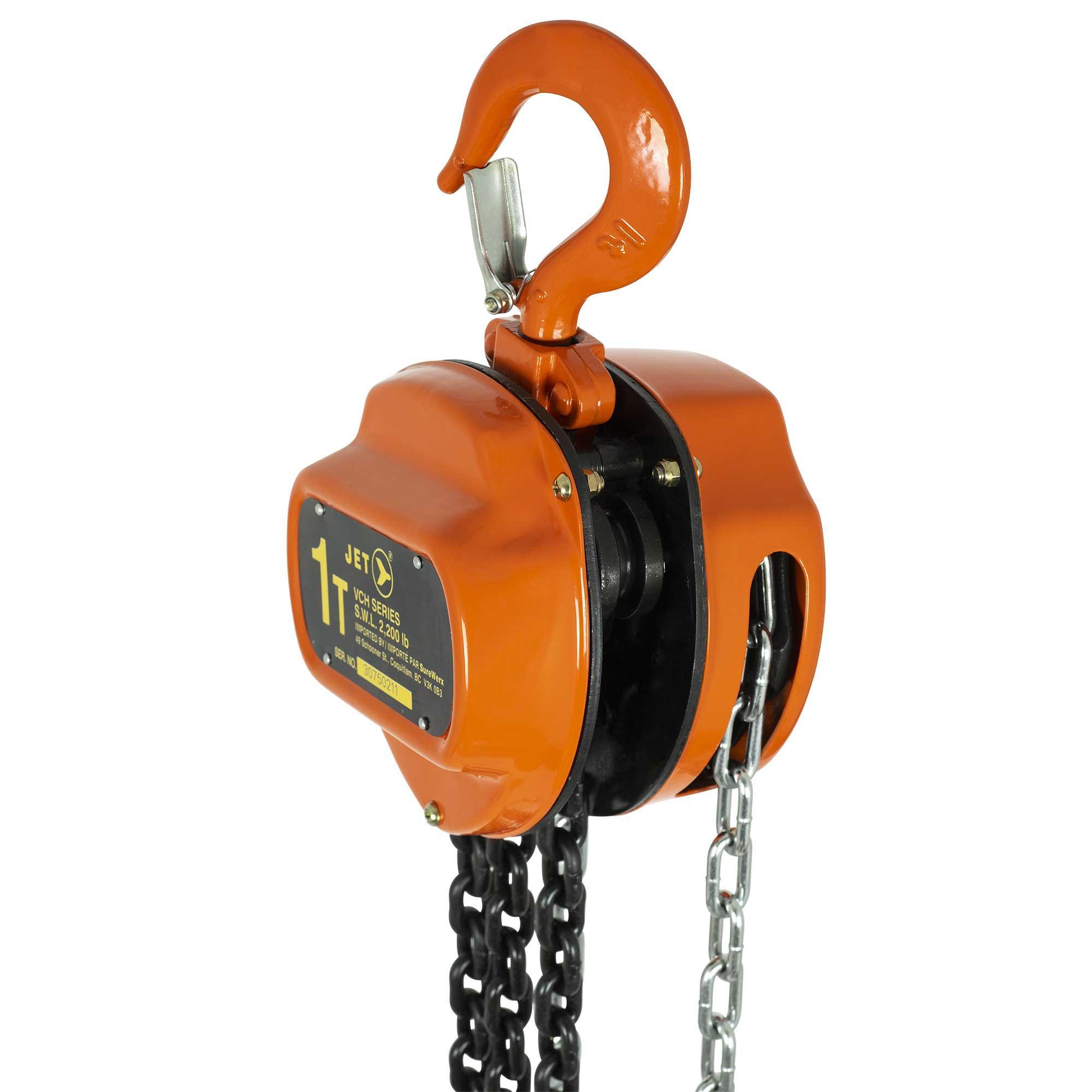 JET 101016 VCH Standard Duty Chain Hoist, 1 ton Load, 20 ft H Lifting, 12-1/16 in Min Between Hooks, 33 mm Hook Opening, 68 lb Rated