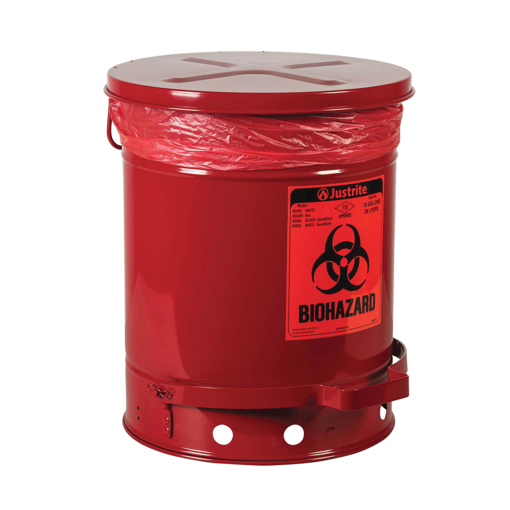Justrite&reg; 05930R Biohazard Waste Can With Foot Operated Self-Closing SoundGard&trade; Cover, 10 gal Capacity, 13.937 in Dia, 18-1/4 in H, Steel, Red