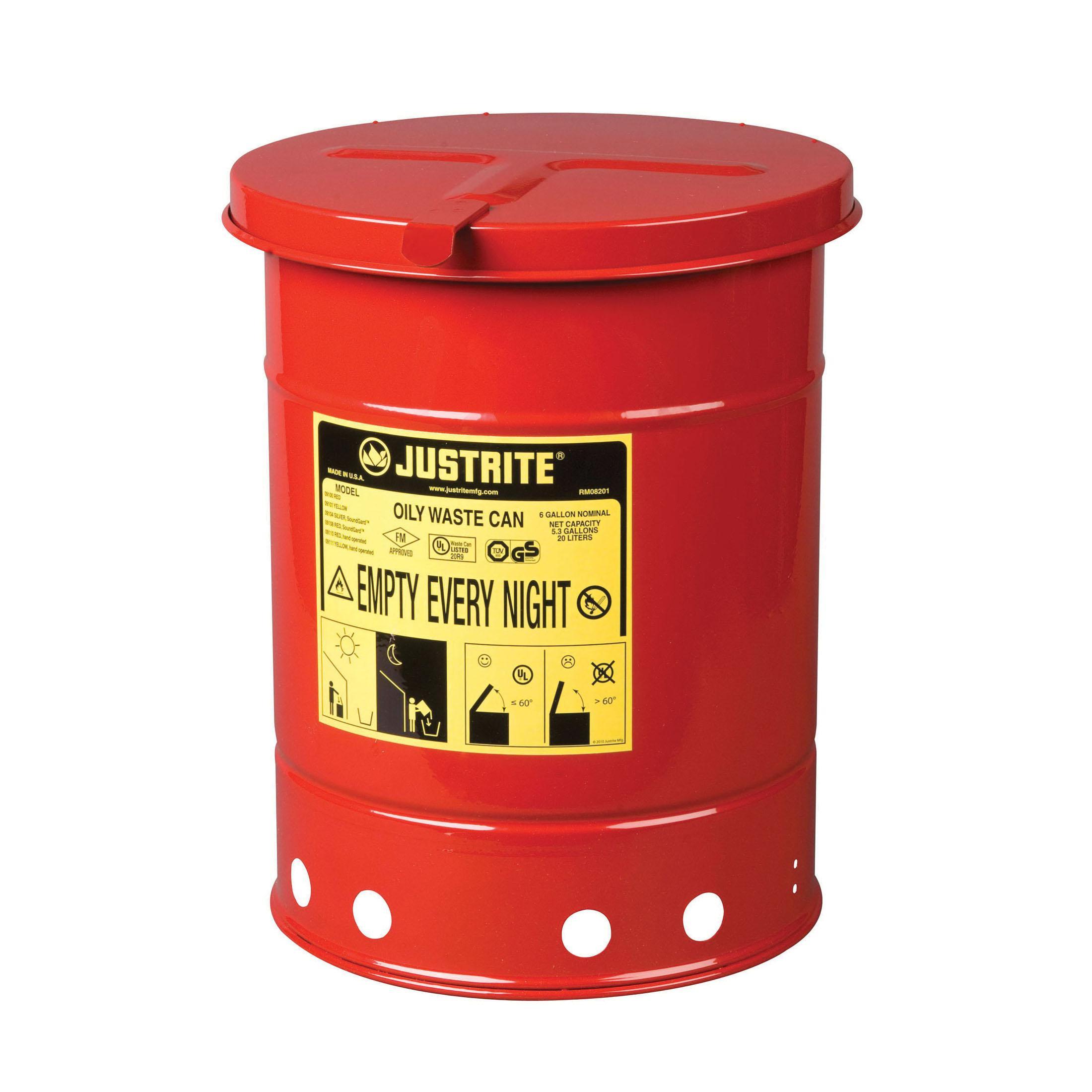 product Justrite® 09101 Standard Foot Operated Oily Waste Can With Self-Closing Cover, 6 gal Capacity, 11-7/8 in Dia x 15-7/8 in H, Steel, Yellow
