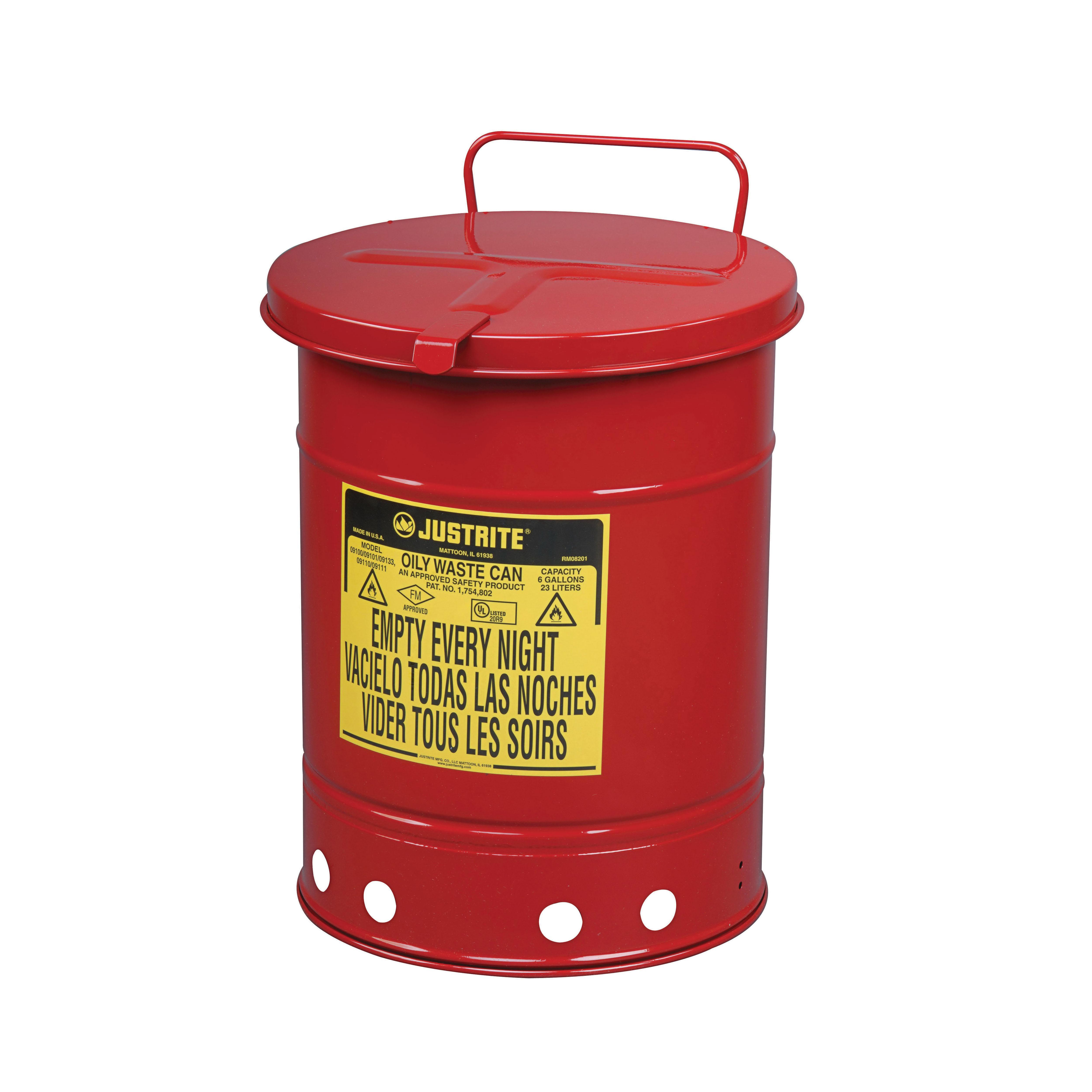 product Justrite® 09308 Foot Operated Oily Waste Can With Self-Closing SoundGard™ Cover, 10 gal Capacity, 13.938 in Dia x 18-1/4 in H, Steel, Red