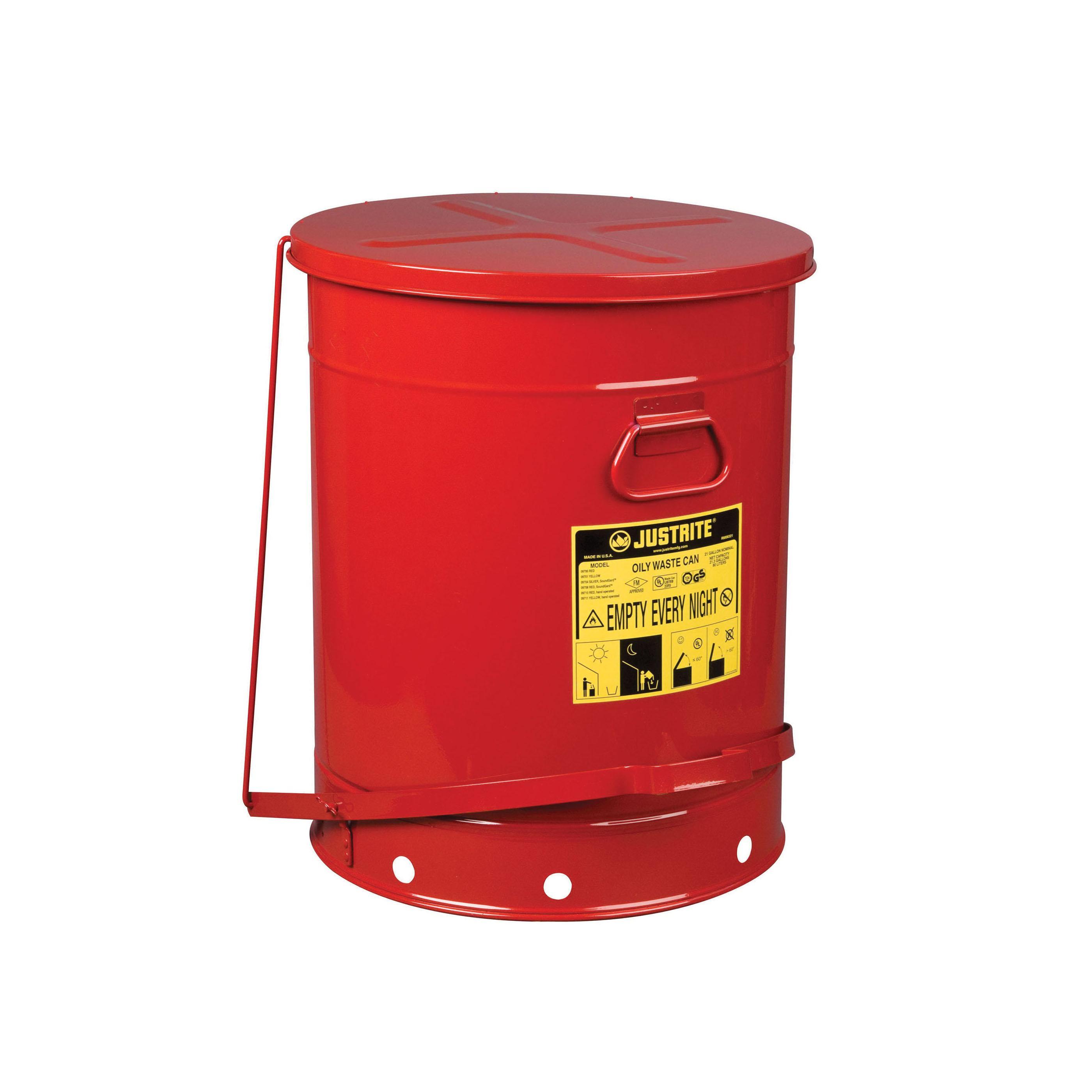 product Justrite® 09410 Mini Benchtop Foot Operated Oily Waste Can With Self-Closing SoundGard™ Cover, 0.45 gal Capacity, 4-5/8 in Dia x 6-1/2 in H, Galvanized Steel, Red