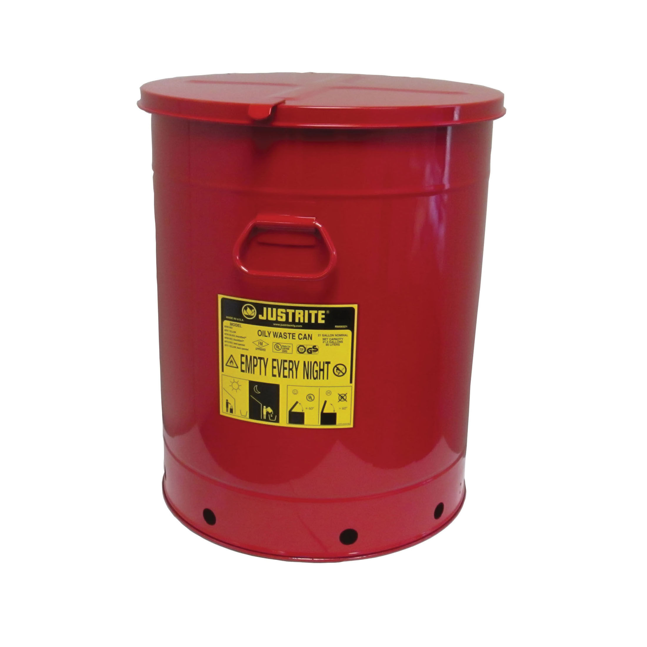 Justrite® 09700 Foot Operated Oily Waste Can, 21 gal Capacity, 18-3/8 in Dia x 23-7/16 in H, Galvanized Steel, Red