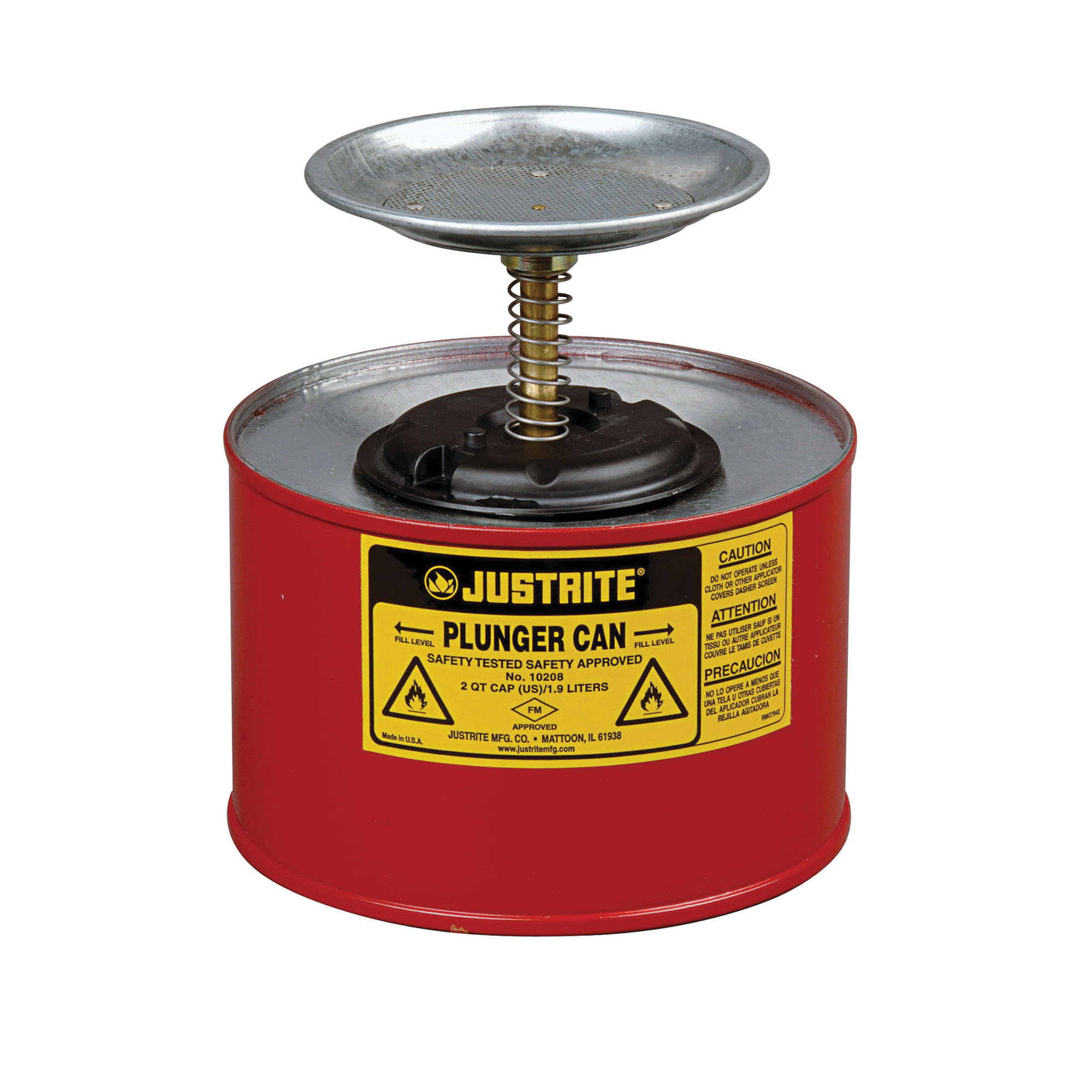 Justrite® 10108 Plunger Dispensing Can, 1 qt, Steel, Red, Brass/Ryton® Plunger, 5 in Dia Dasher Plate