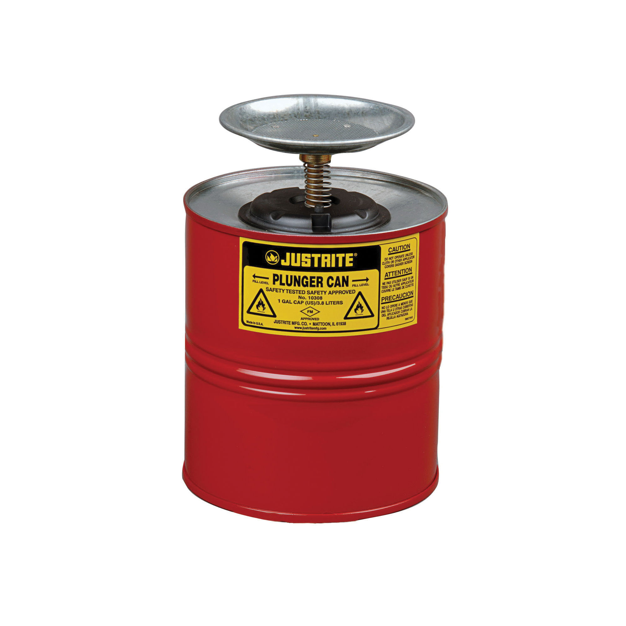 product Justrite® 10208 Plunger Dispensing Can, 2 qt, Steel, Red, Brass/Ryton® Plunger, 5 in Dia Dasher Plate