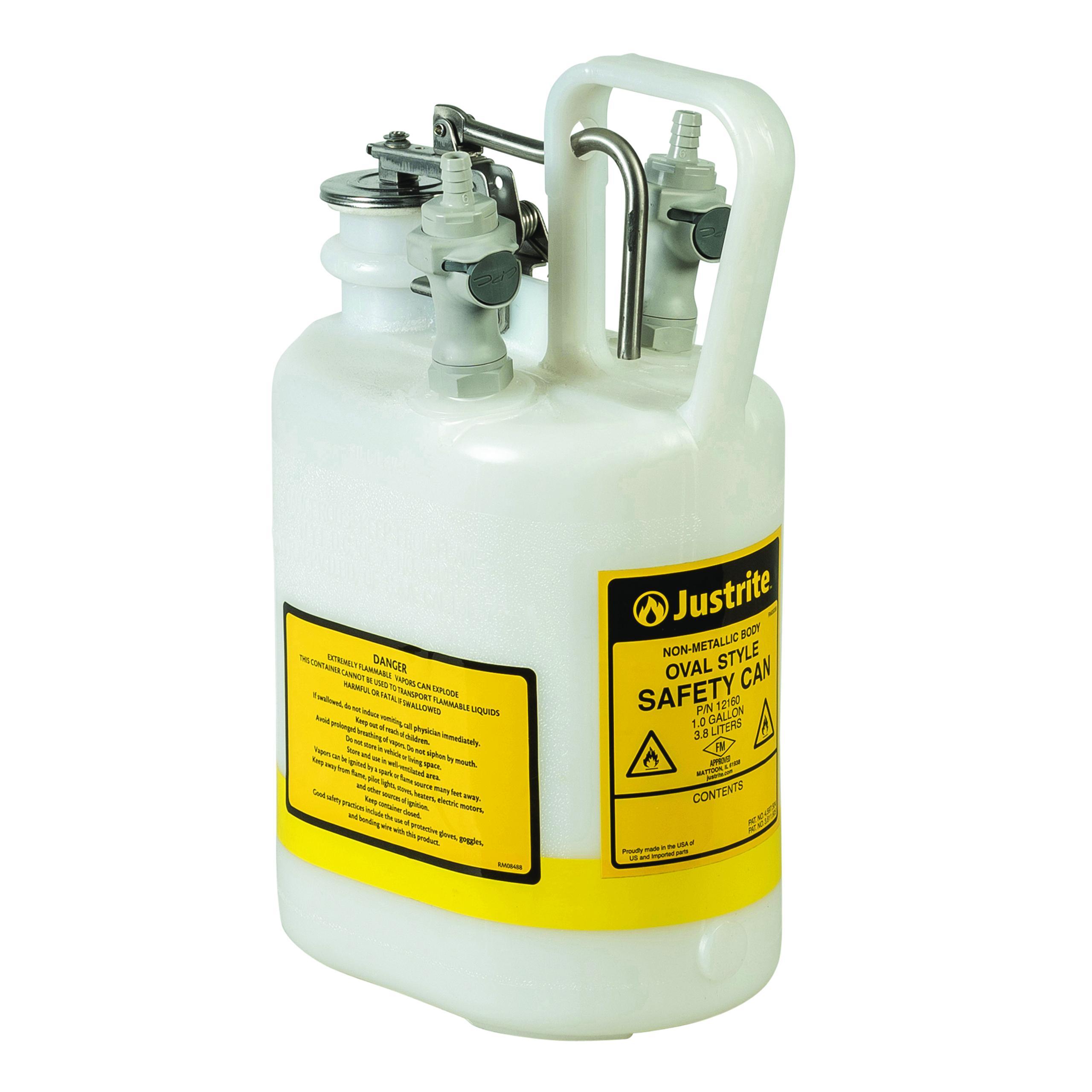 product Justrite® 12161 Oval Self-Closing Safety Container With Stainless Steel Hardware, 1 gal Capacity, 7-5/8 in L x 4-5/8 in W x 12-3/4 in H, Polyethylene, White