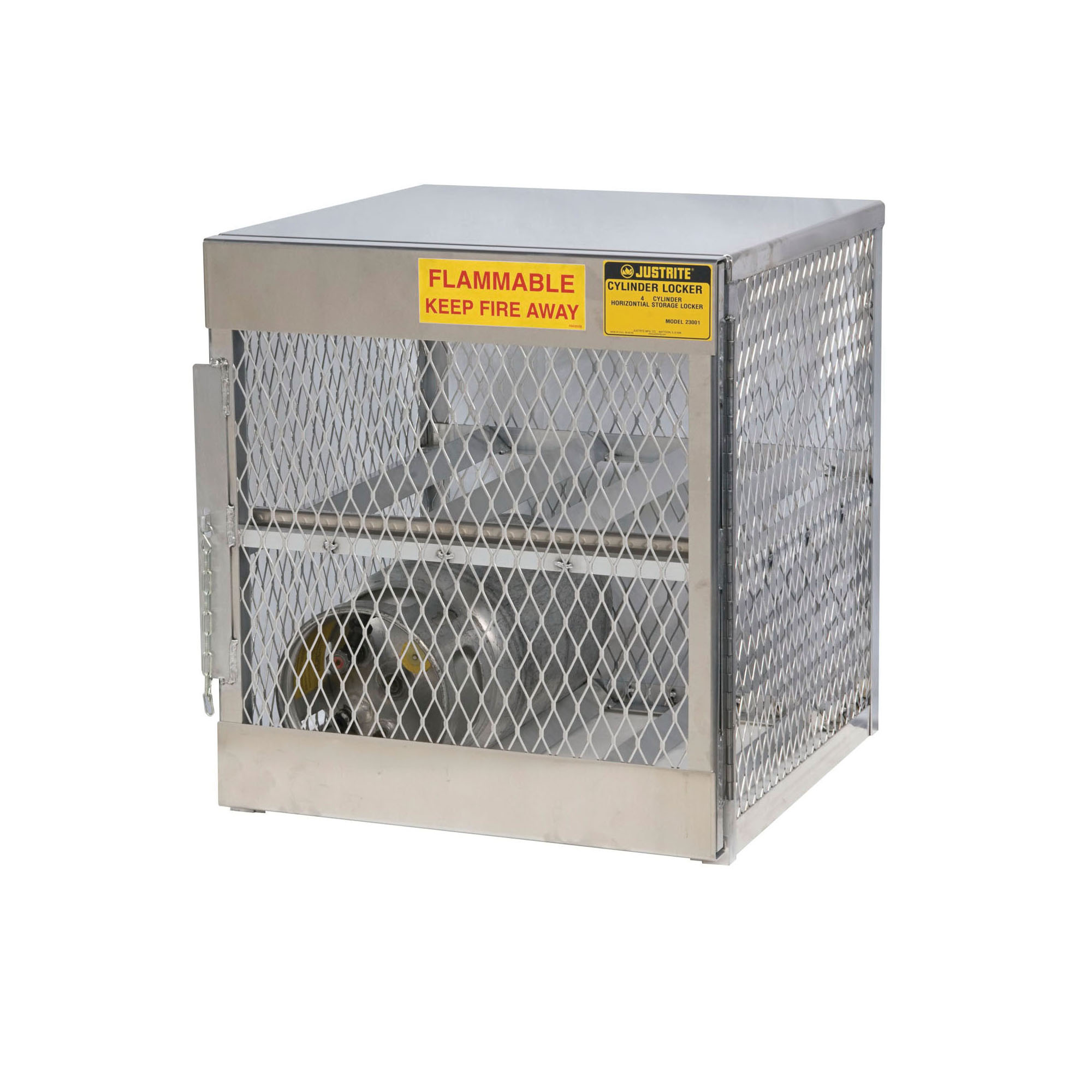 product Justrite® 23003 Horizontal LPG Cylinder Locker, (8) 20 lb/33 lb, 65 in H x 30 in W x 32 in D, Aluminum Roof, Welded Aluminum, Aluminum
