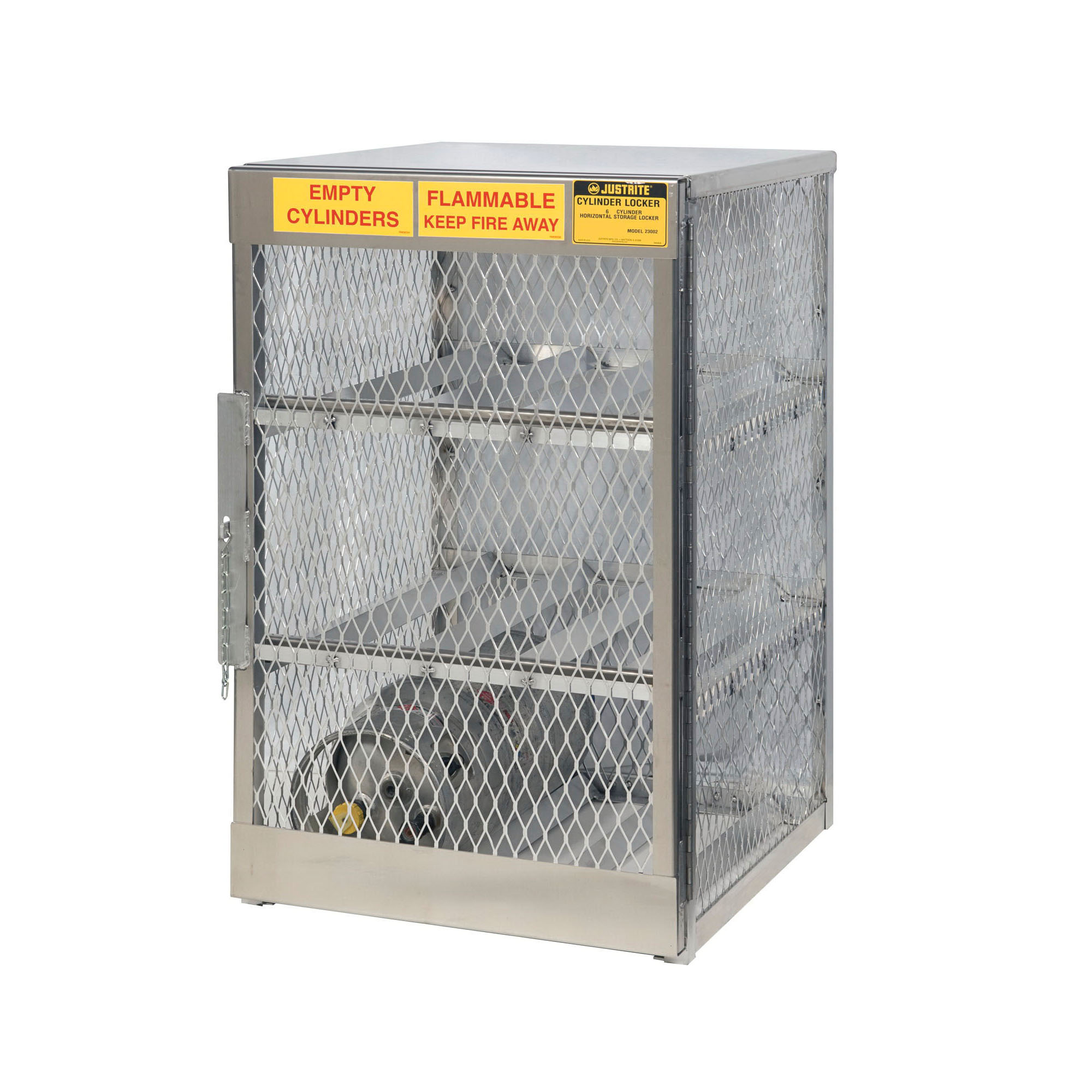 product Justrite® 23006 Vertical Compressed Gas Cylinder Locker, Up to 10 Cylinders, 65 in H x 30 in W x 32 in D, Aluminum Roof, Welded Aluminum, Aluminum