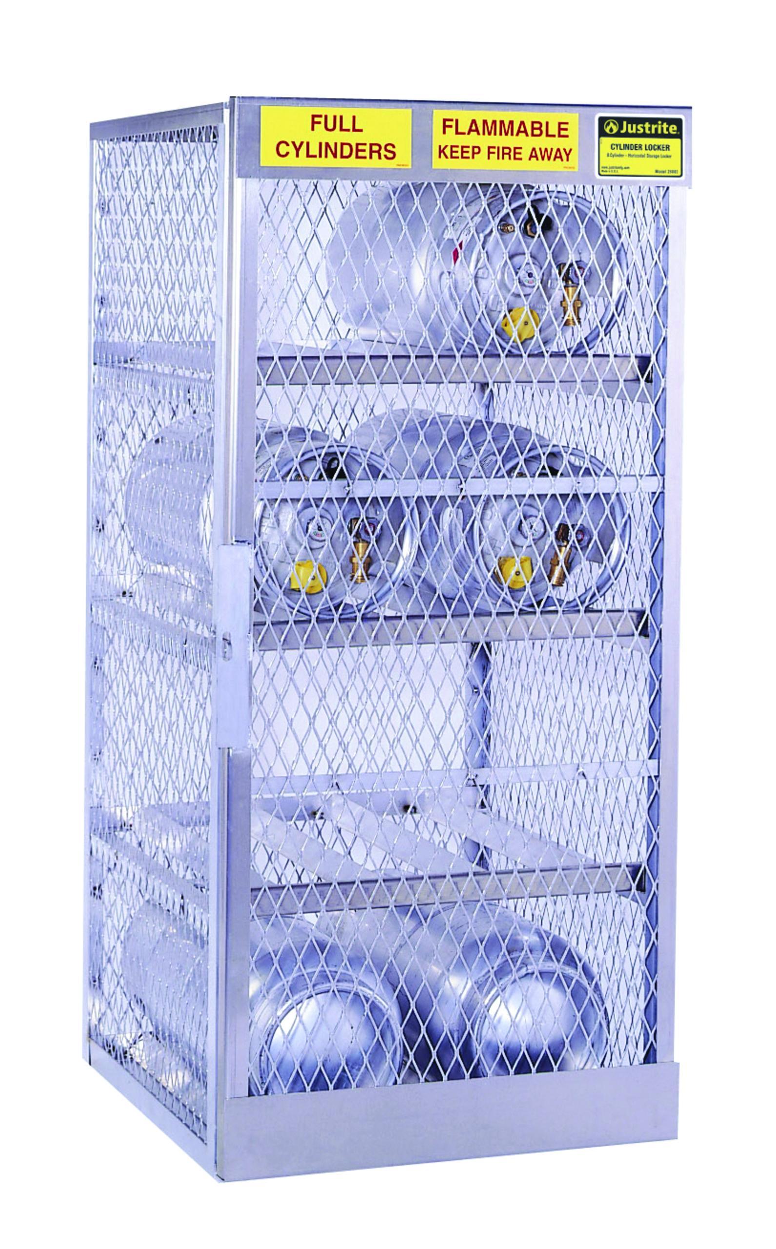 product Justrite® 23008 Combo Cylinder Locker, 8 Horizontal/10 Vertical Cylinders, 65 in H x 60 in W x 32 in D, Aluminum Roof, Welded Aluminum, Aluminum