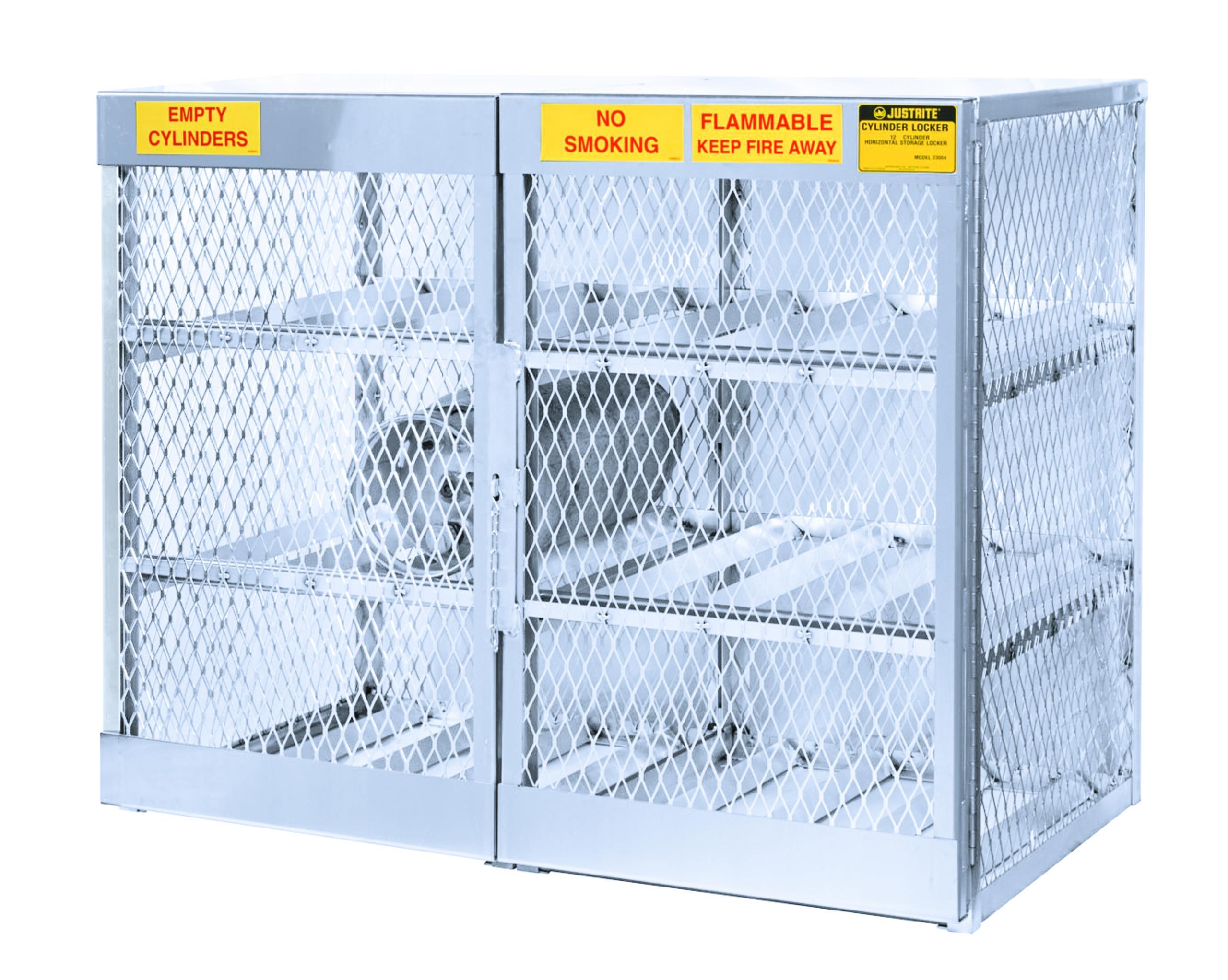 product Justrite® 23007 Vertical Compressed Gas Cylinder Locker, Up to 20 Cylinders, 65 in H x 60 in W x 32 in D, Aluminum Roof, Welded Aluminum, Aluminum