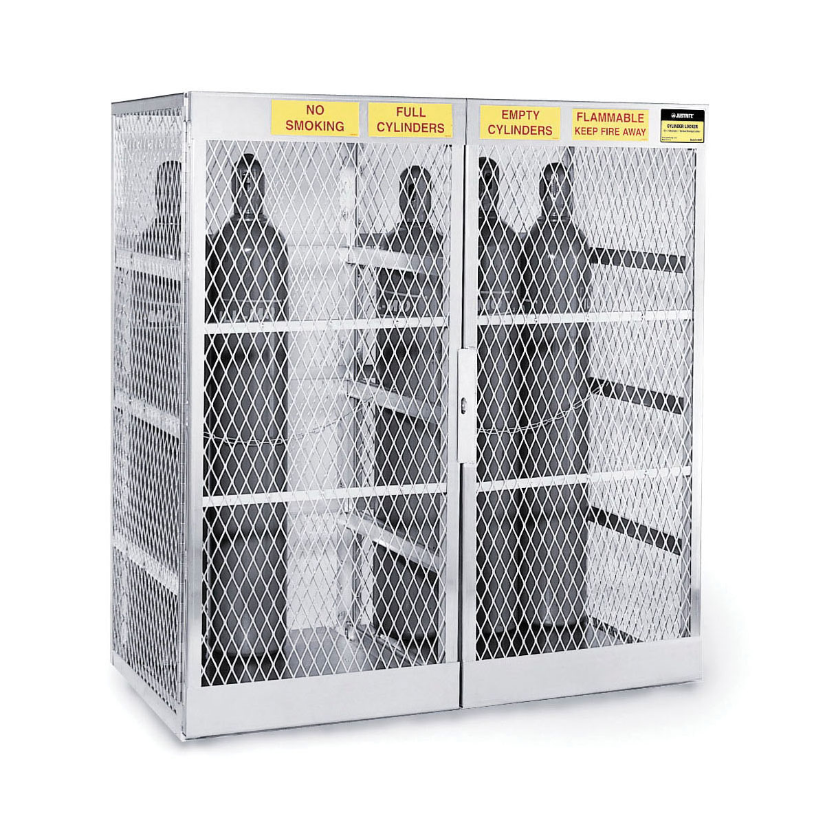 product Justrite® 23009 Vertical LPG Cylinder Locker, (4) 20 lb/33 lb, 33-1/2 H x 30 in W x 32 in D, Aluminum Roof, Welded Aluminum, Aluminum