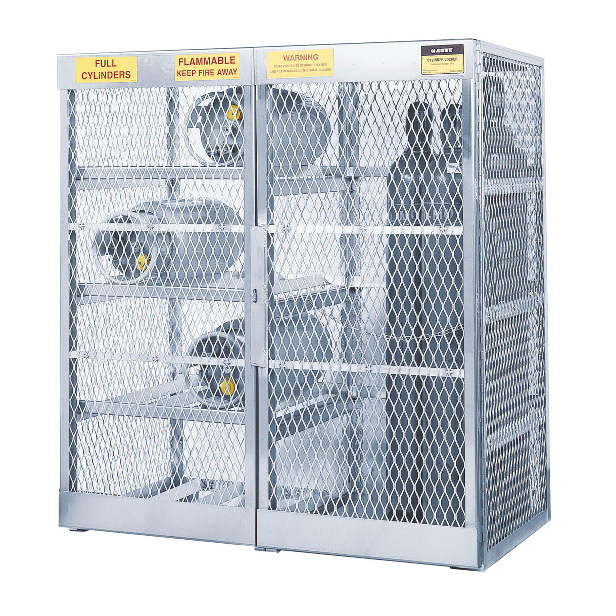 product Justrite® 23004 Horizontal LPG Cylinder Locker, (12) 20 lb/33 lb, 49-1/2 in H x 60 in W x 32 in D, Aluminum Roof, Welded Aluminum, Aluminum