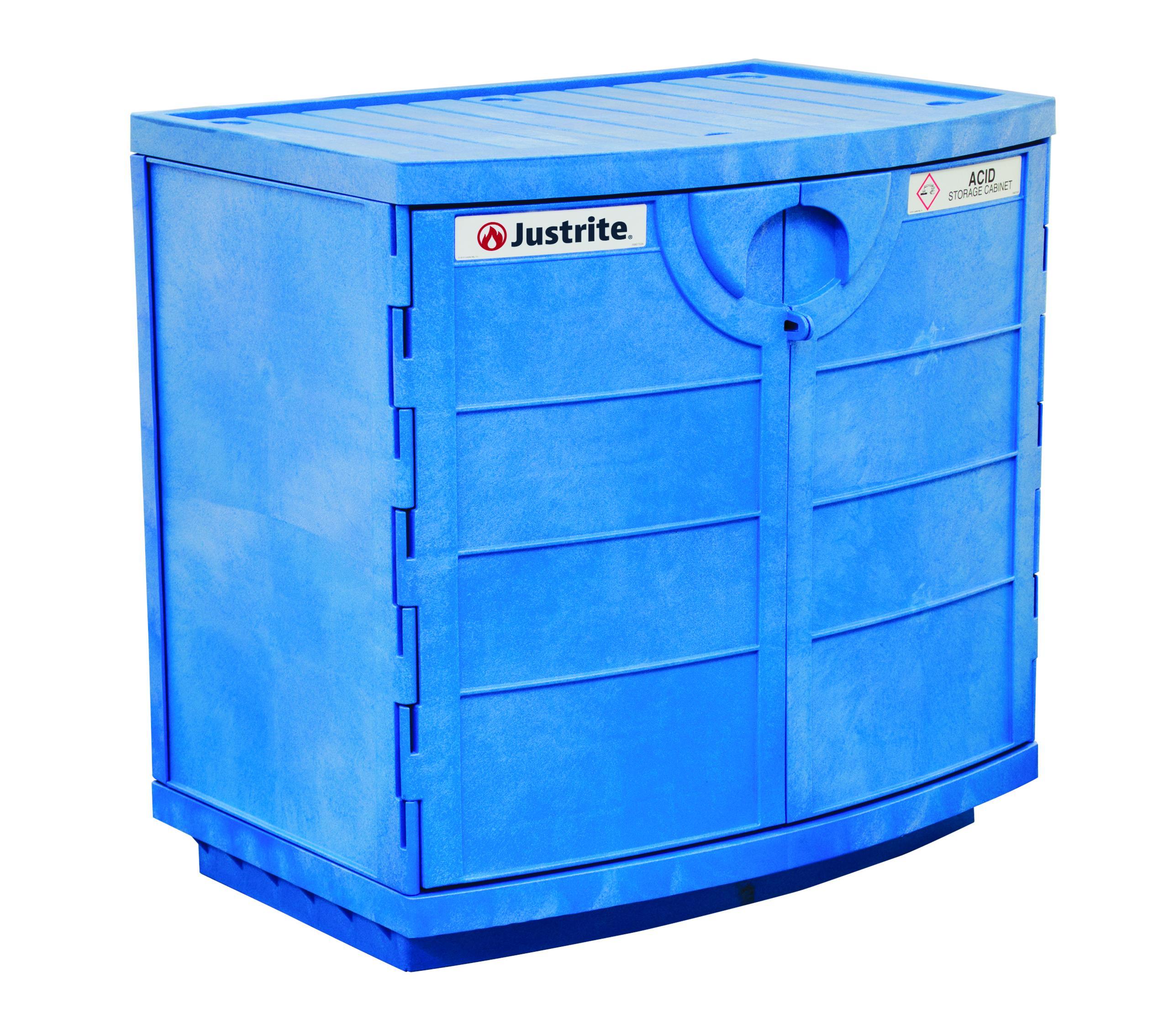 product Justrite&reg; 893022 Sure-Grip&reg; EX Classic Corrosive Safety Cabinet, 30 gal Capacity, 44 in H x 43 in W x 18 in D, Self-Close Door, 2 Doors, 1 Shelve, 18 ga Cold Rolled Steel, Blue