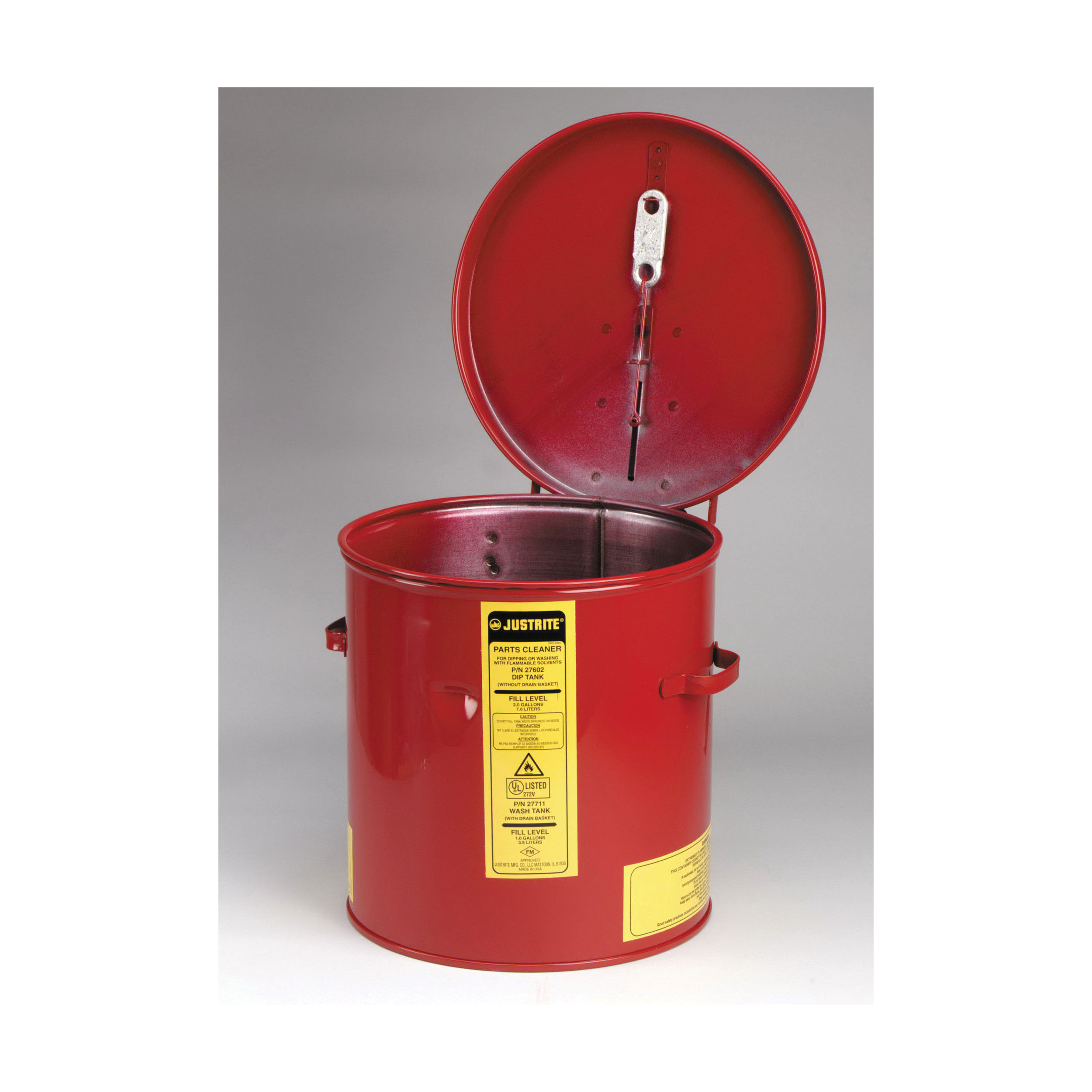 product Justrite® 10370 Bench Can With Basket, 1 gal Capacity, 9-3/8 in Dia x 4-1/2 in H, Galvanized Steel, Red