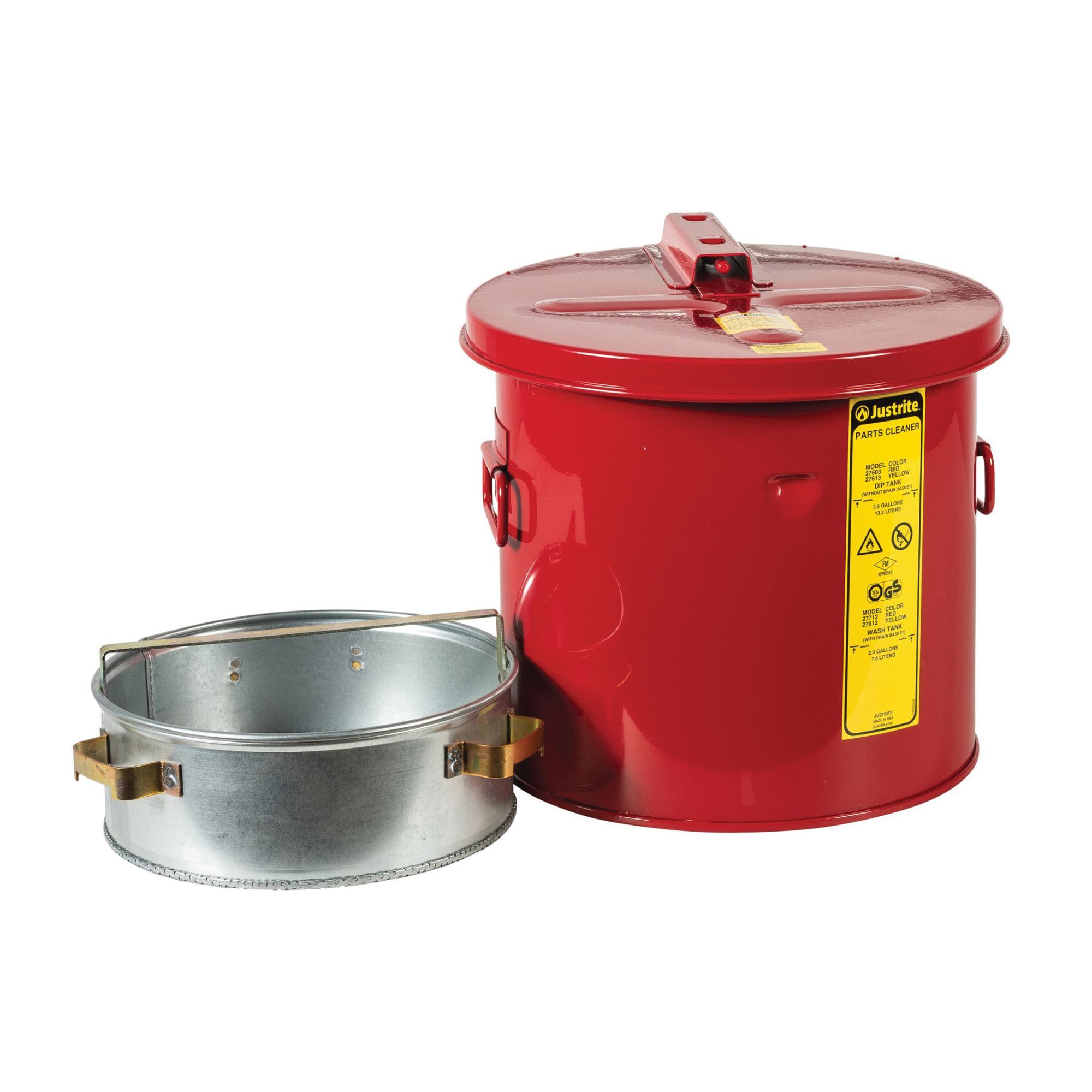 product Justrite® 10295 Bench Can, 2 qt Capacity, 9-3/8 in Dia x 3-1/4 in H, Galvanized Steel, Red