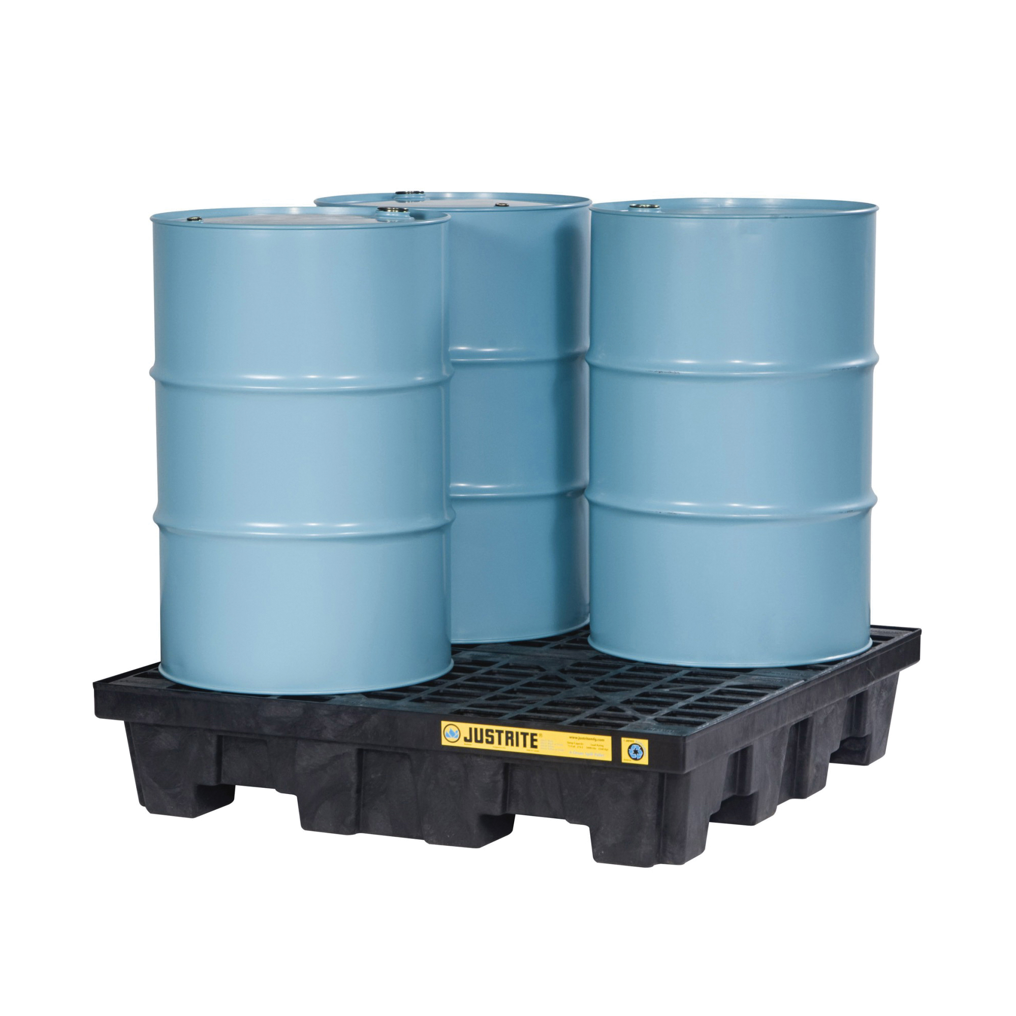 Justrite&reg; EcoPolyBlend&trade; 28637 Square Spill Control Pallet With Drain, 4 Drums, 73 gal Spill, 5000 lb Load, Recycled Polyethylene