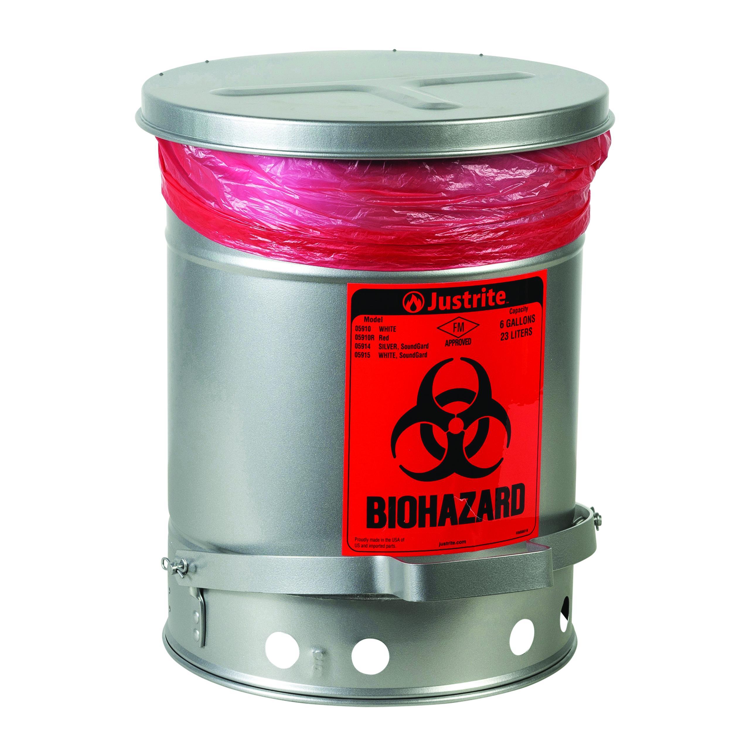 Justrite&reg; 05914 Biohazard Waste Can With Foot Operated Self-Closing SoundGard&trade; Cover, 6 gal Capacity, 15.866 in Dia, 15-7/8 in H, Steel, Silver