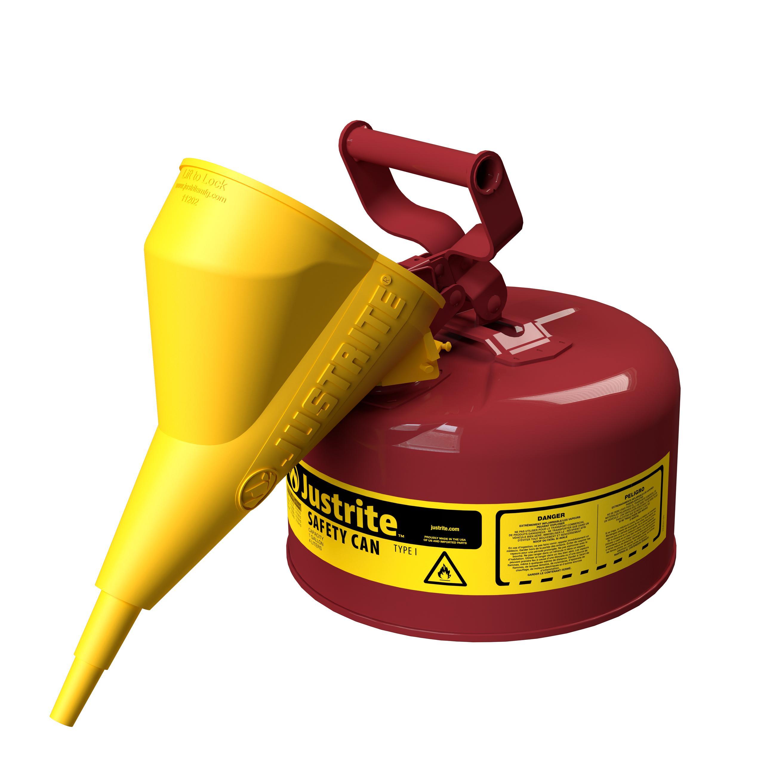 product Justrite® 7125110 Type I Safety Can With Funnel, 2.5 gal Capacity, 11-3/4 in Dia x 11-1/2 in H, Galvanized Steel, Red