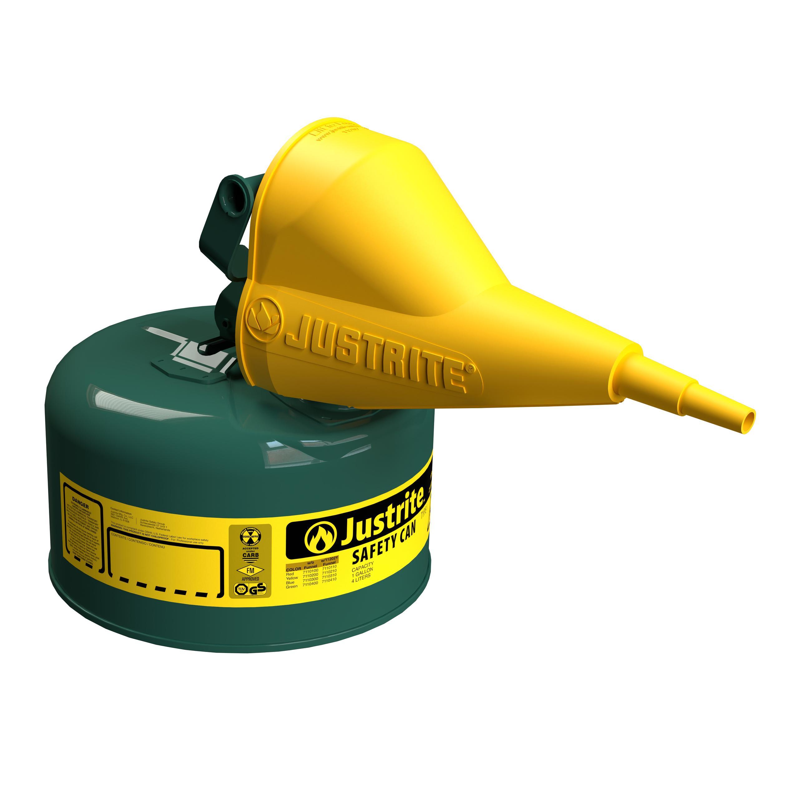 product Justrite® 7150110 Type I Safety Can With Swinging Handle, Stainless Steel Flame Arrester and 11202Y 1/2 in OD x 11-1/4 in H Polypropylene Funnel, 5 gal Capacity, 11-3/4 in Dia x 16-7/8 in H, Steel, Red