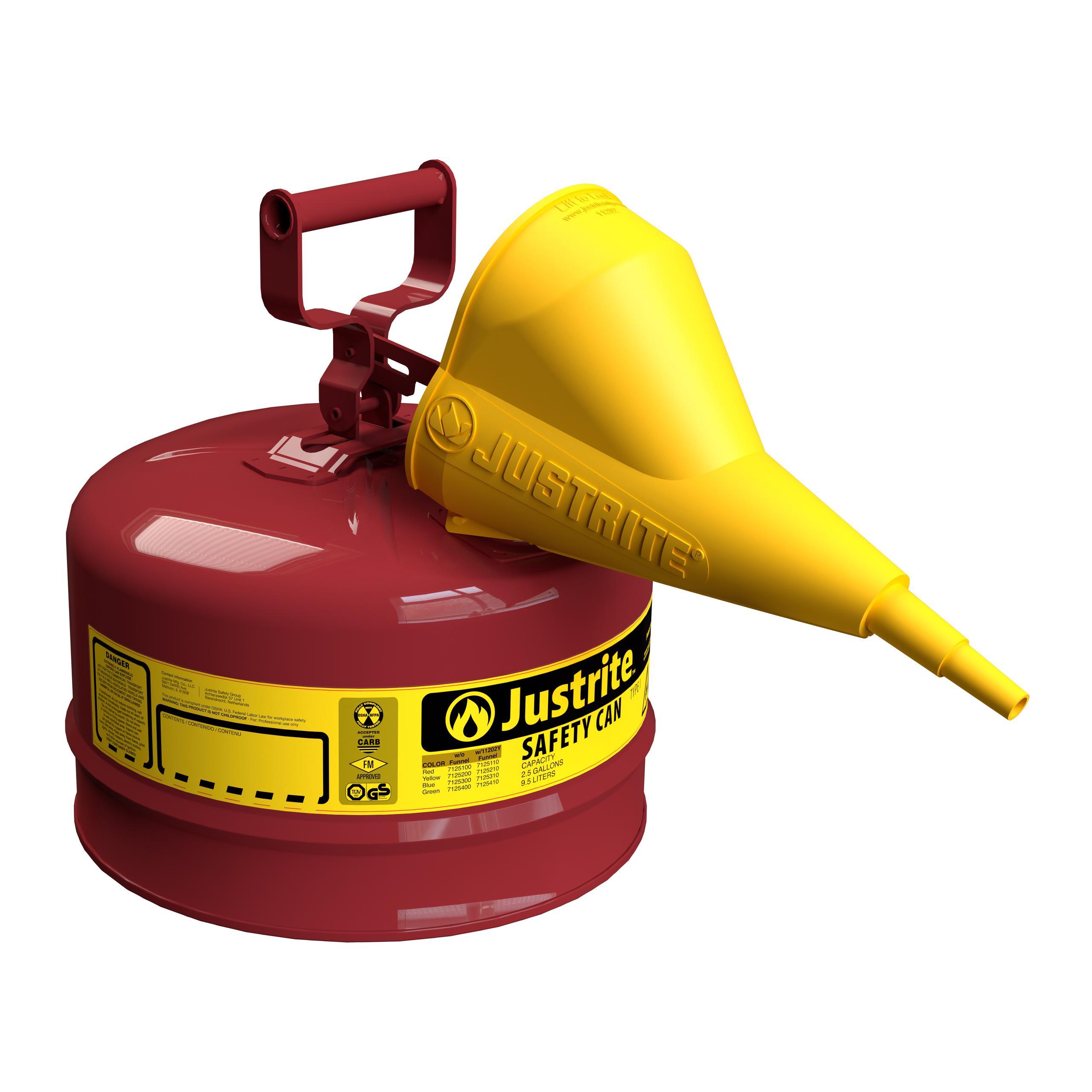 product Justrite® 10101 Type I Safety Can With Trigger Handle and Stainless Steel Flame Arrester, 1 qt Capacity, 4-13/16 in Dia x 8-1/4 in H, Steel, Red