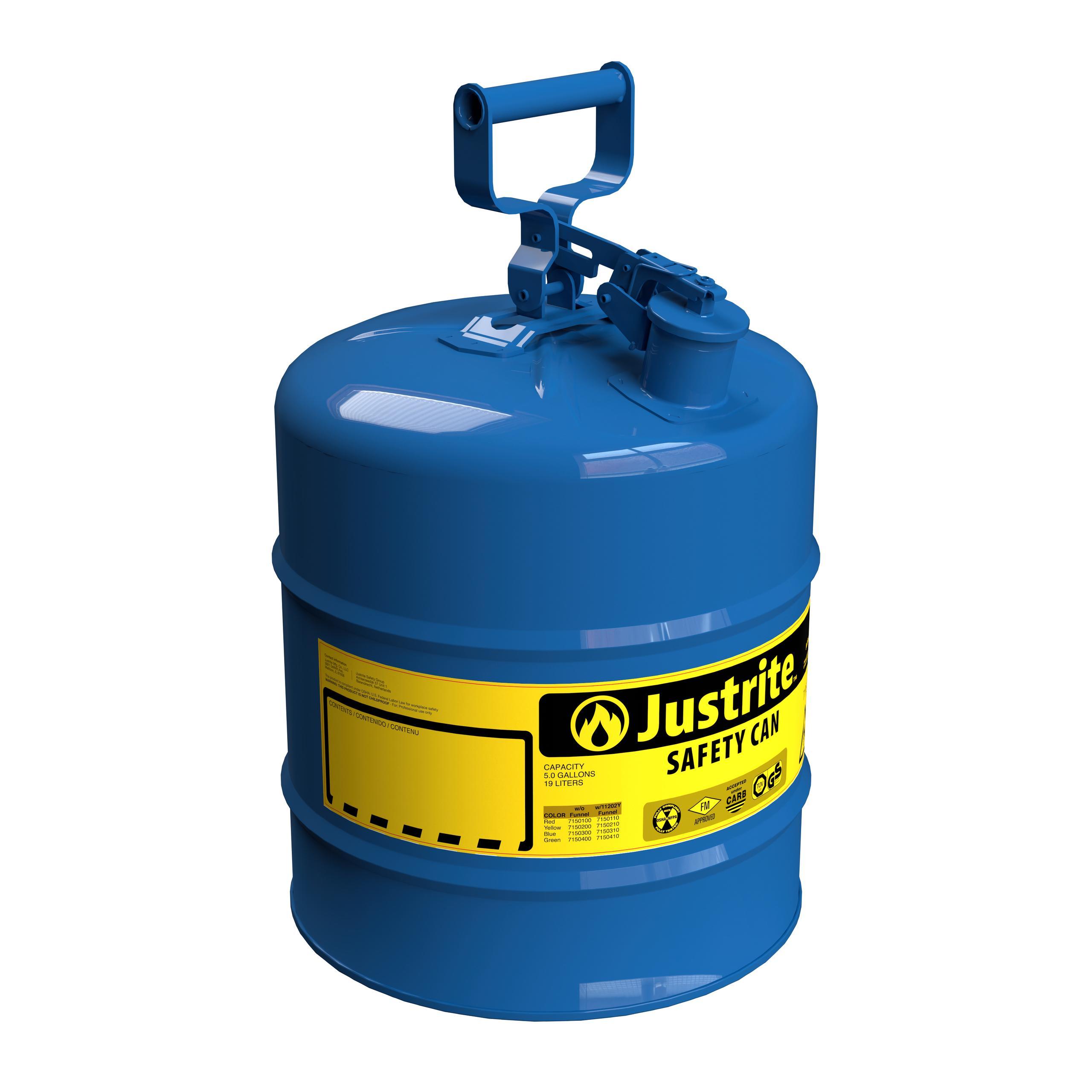 Justrite® 7150300 Type I Safety Can With Swinging Handle and Stainless Steel Flame Arrester, 5 gal Capacity, 11-3/4 in Dia x 16-7/8 in H, Steel, Blue