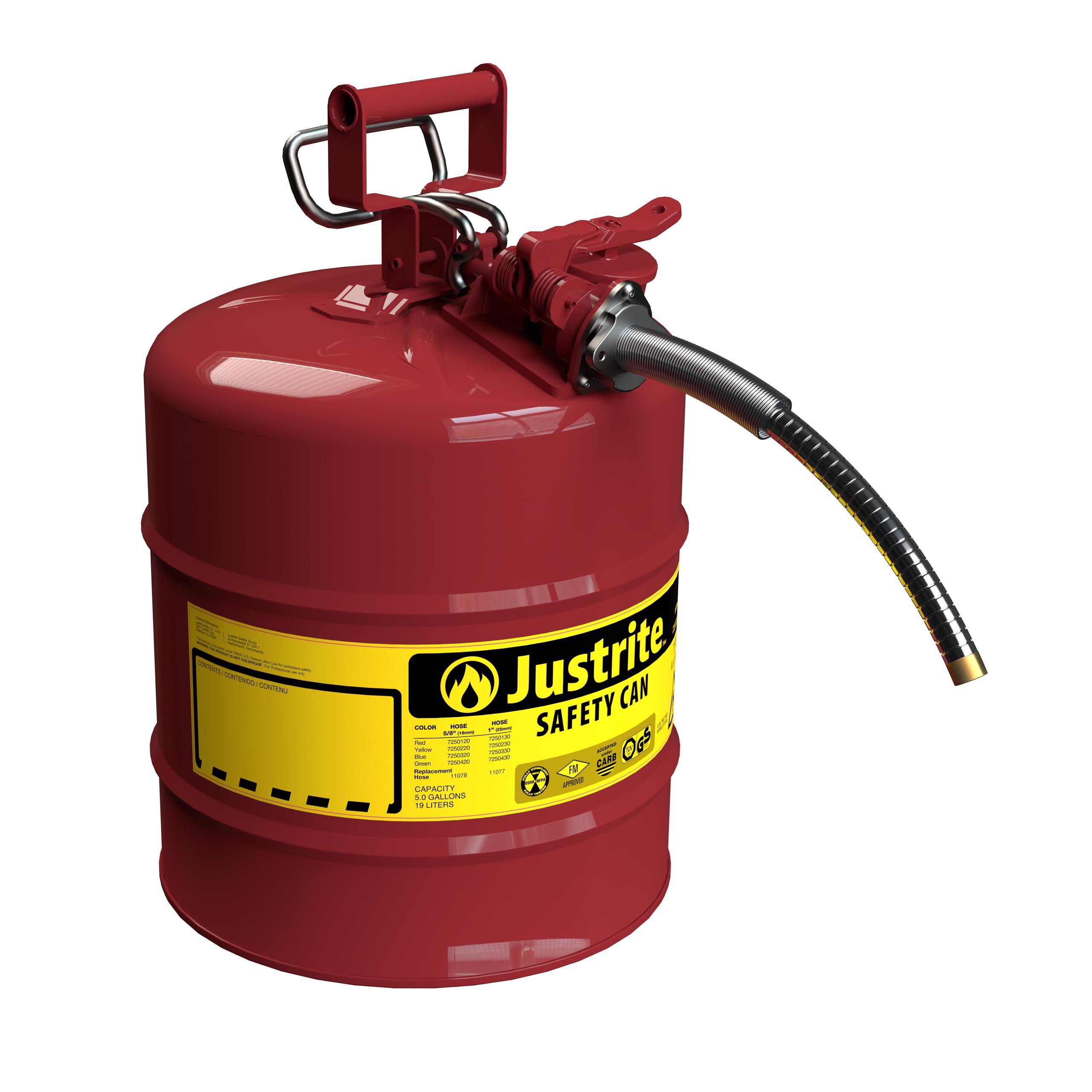 Justrite&reg; 7250120 Type II Flammables Safety Can, 5 gal Capacity, 11-3/4 in Dia x 17-1/2 in H, Red
