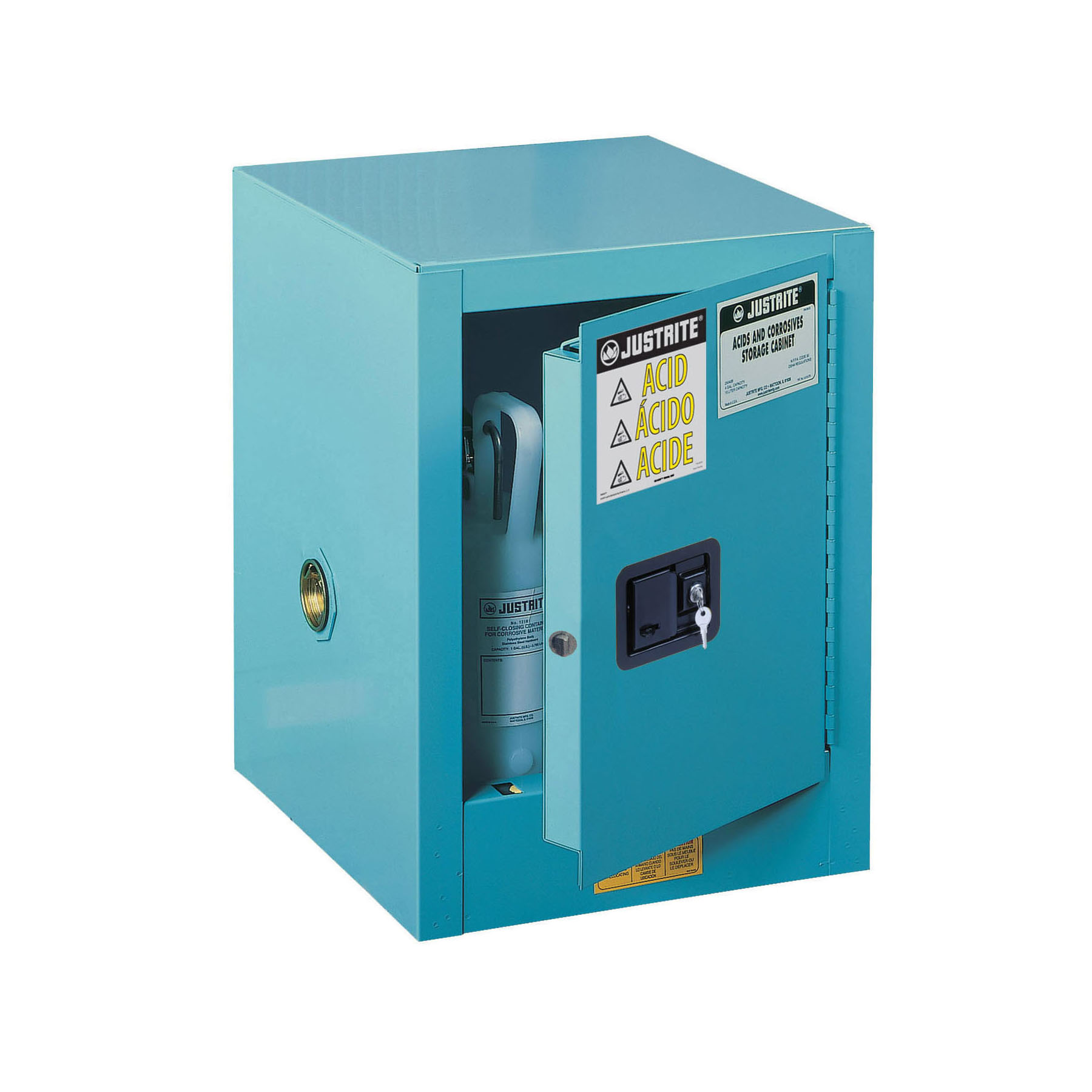 product Justrite® 892222 Sure-Grip® EX Standard Slimline Corrosive Safety Cabinet, 22 gal Capacity, U-Loc™ Handle, 65 in H x 23-1/4 in W x 18 in D, Self-Close Door, 1 Door, 3 Shelves, 18 ga Cold Rolled Steel, Blue