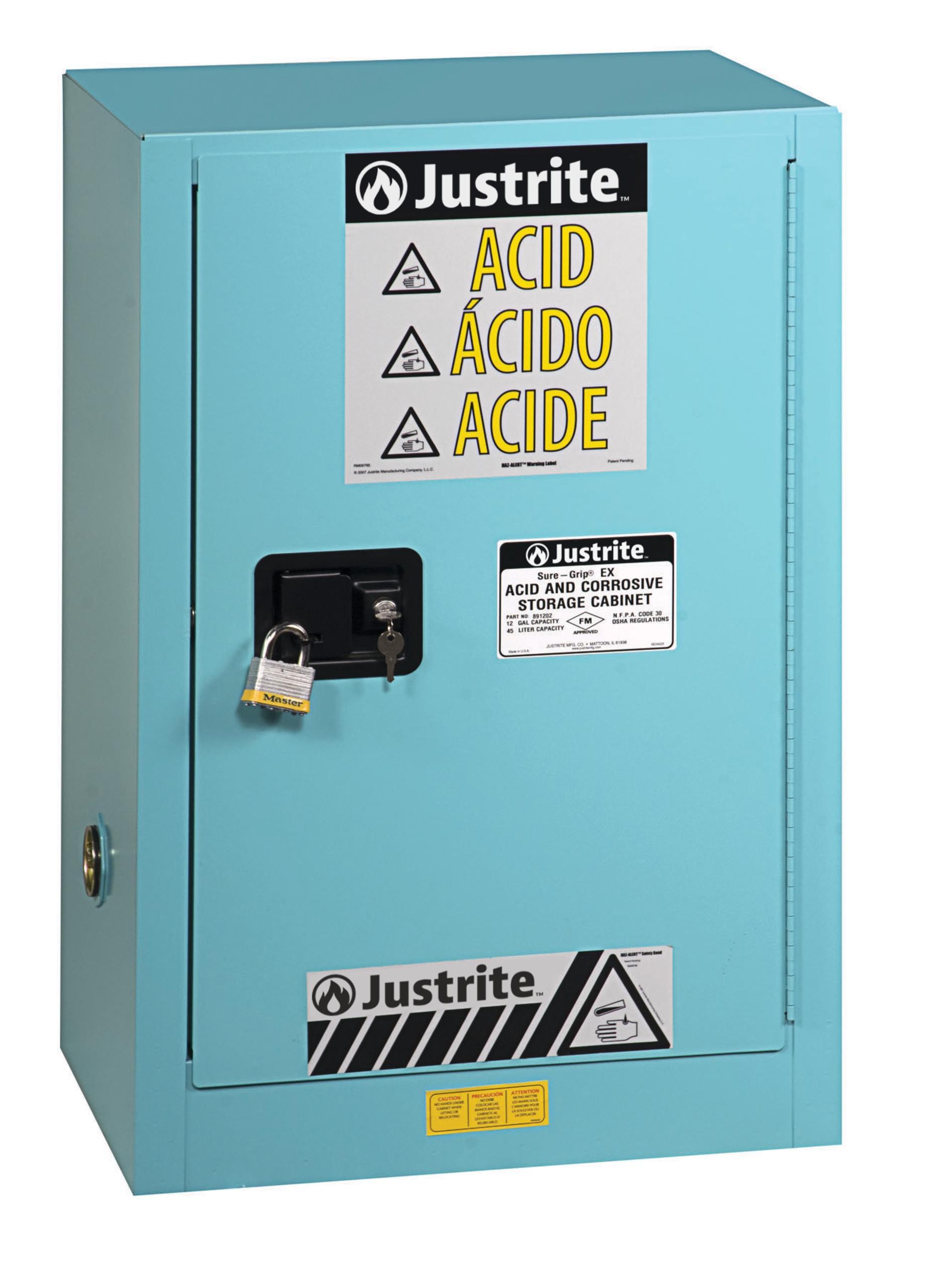 product Justrite® 894504 Sure-Grip® EX Standard Pesticide Safety Cabinet, 350 lb Capacity, 65 in H x 43 in W x 18 in D, Manual Close Door, 2 Doors, 2 Shelves, 18 ga CR Steel, Green, Recessed Paddle Handle